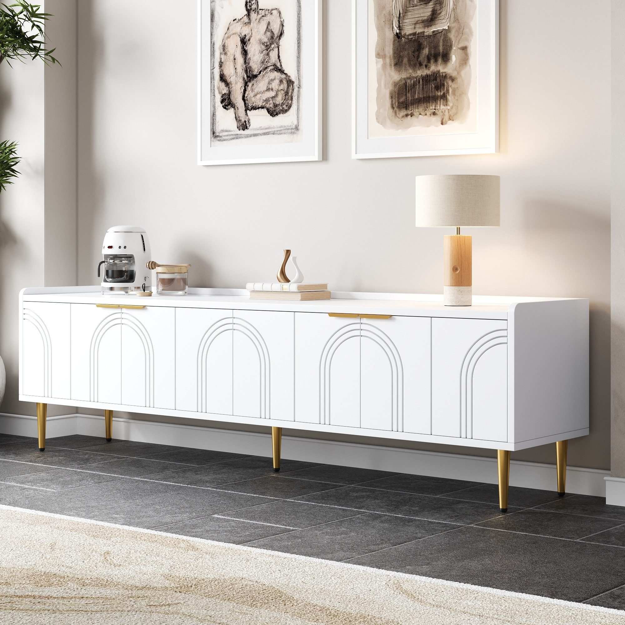 MC Star TV-Ständer lowboard mit strukturierter Tür, TV-Möbel, goldenen Griffen, (und goldenen Füßen,170 L x 35 B x 47.5 H(cm) – Bild 4 von 5