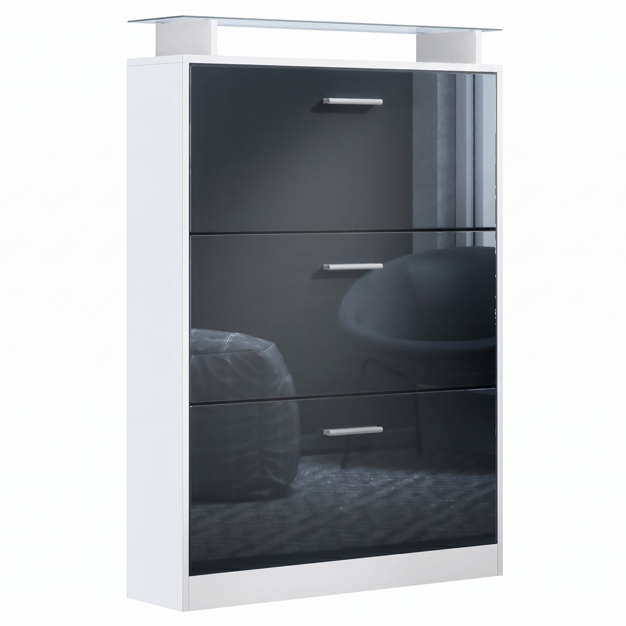 Vladon Schuhschrank Lavia (Schuhkipper, für 24 Paar Schuhe mit 3 Klappen und Glasablage) Weiß matt/Schwarz Hochglanz (89 x 128 x 23 cm)