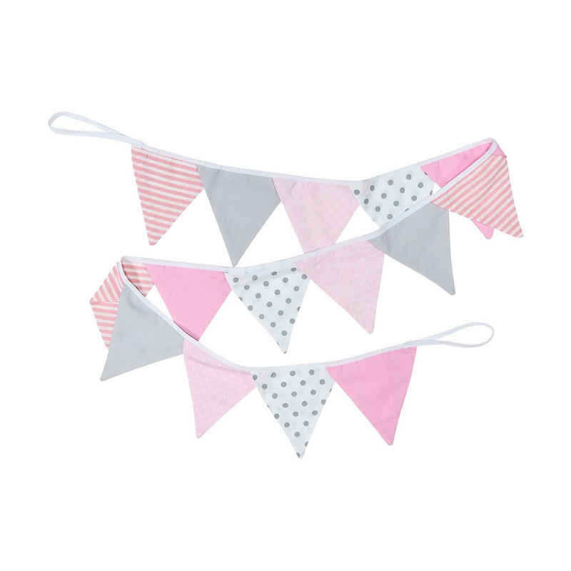 KraftKids Wimpelkette rosa grau weiss, 14 Stoffwimpel aus doppelt gelegtem 100% Baumwollstoff, 2 m lang