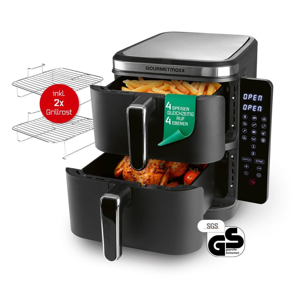 GOURMETmaxx Heißluftfritteuse FryUp Vertikaler Doppelkammer Airfryer 2x 5l, 2800 W, klappbares Touchdisplay, Fassungsvermögen 10 L,  inkl. Grillrost