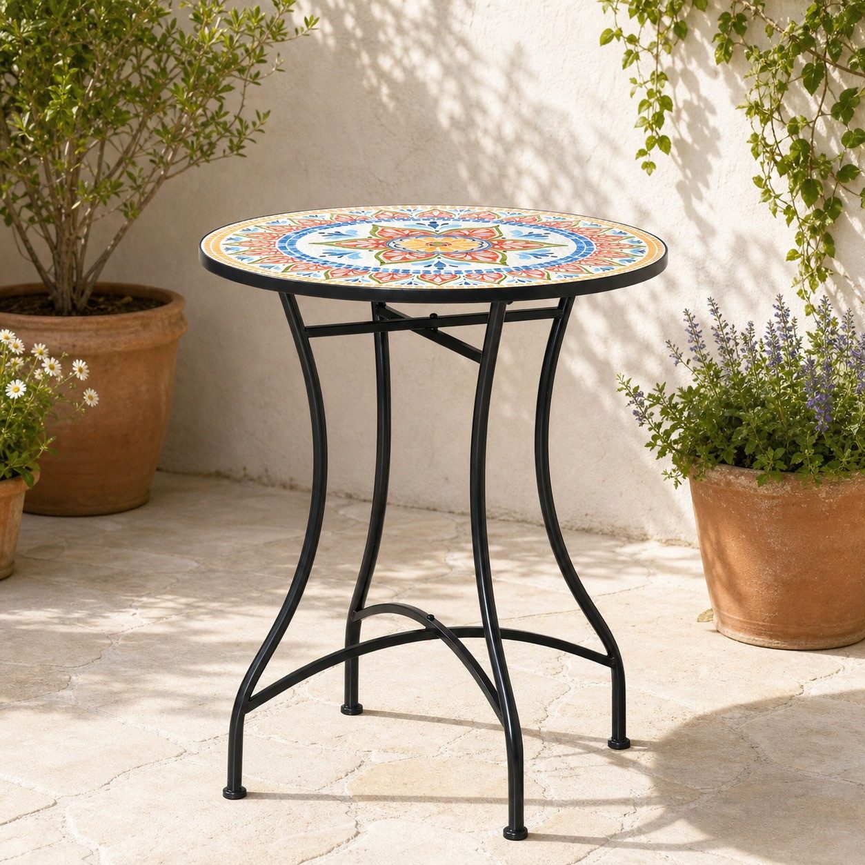 REDOM Gartentisch Mosaik Bistrotisch rund Ø60 cm Garten Beistelltisch Keramik Metall (Packung, 1-St., Geeignet für Balkon, Terrasse und kleine Outdoor Bereiche), Dekorativer Outdoor Tisch mit farbigem Mosaikdesign Rot Blau Weiß