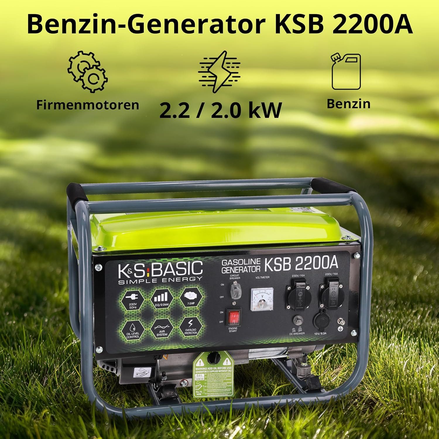 Könner & Söhnen Stromerzeuger KSB 2200A, 2,20 in kW, (Benzingenerator K&S Basic mit AVR, Grundausführung, 1-tlg., Zuverlässige Notstromquelle für Zuhause, Voltmeter, Großer Tank), AVR, Voltmeter, Erfüllt EU-Normen, Zuverlässige Garantie