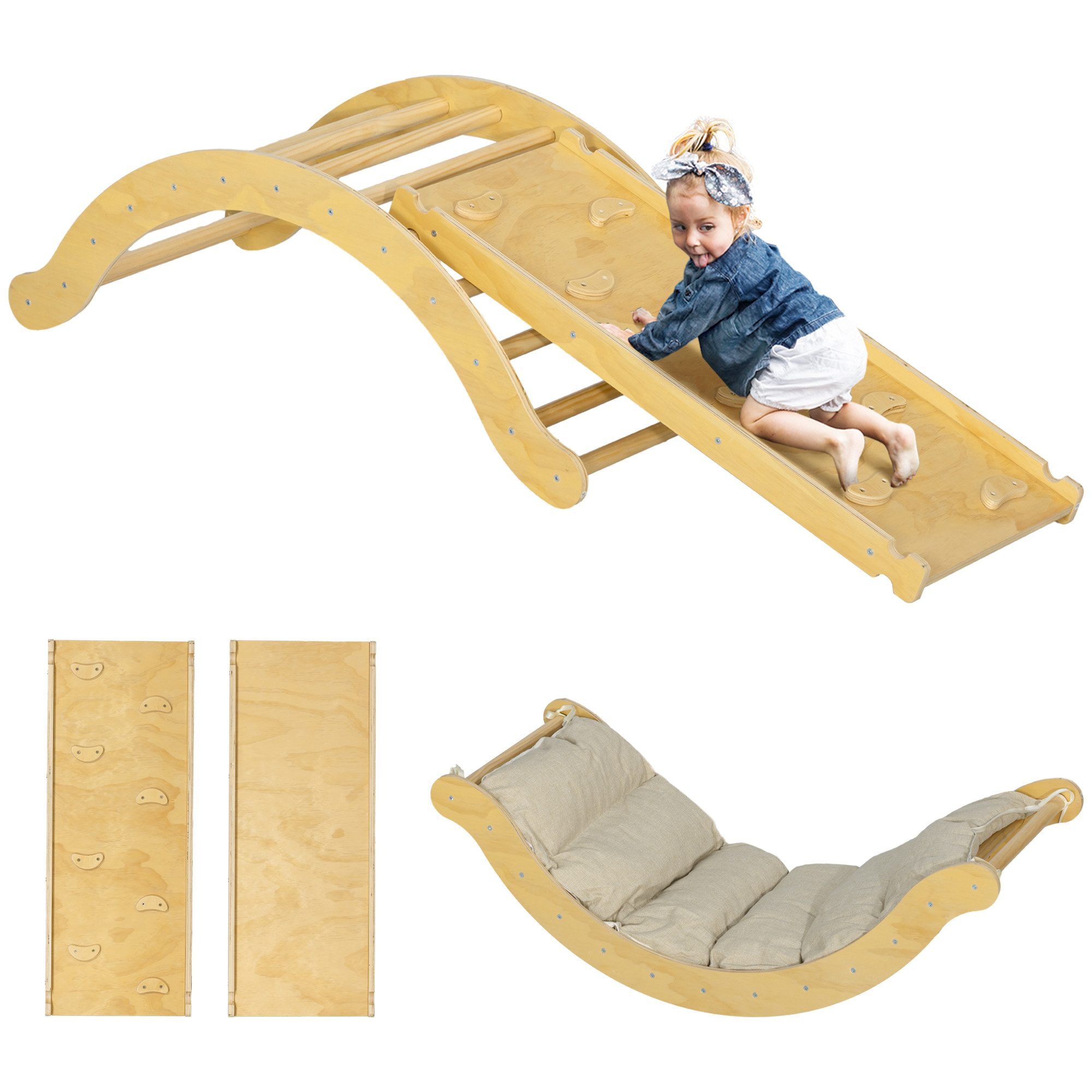 AIYAPLAY Klettergerüst 4 in 1 Set mit Rutsche, aus Holz