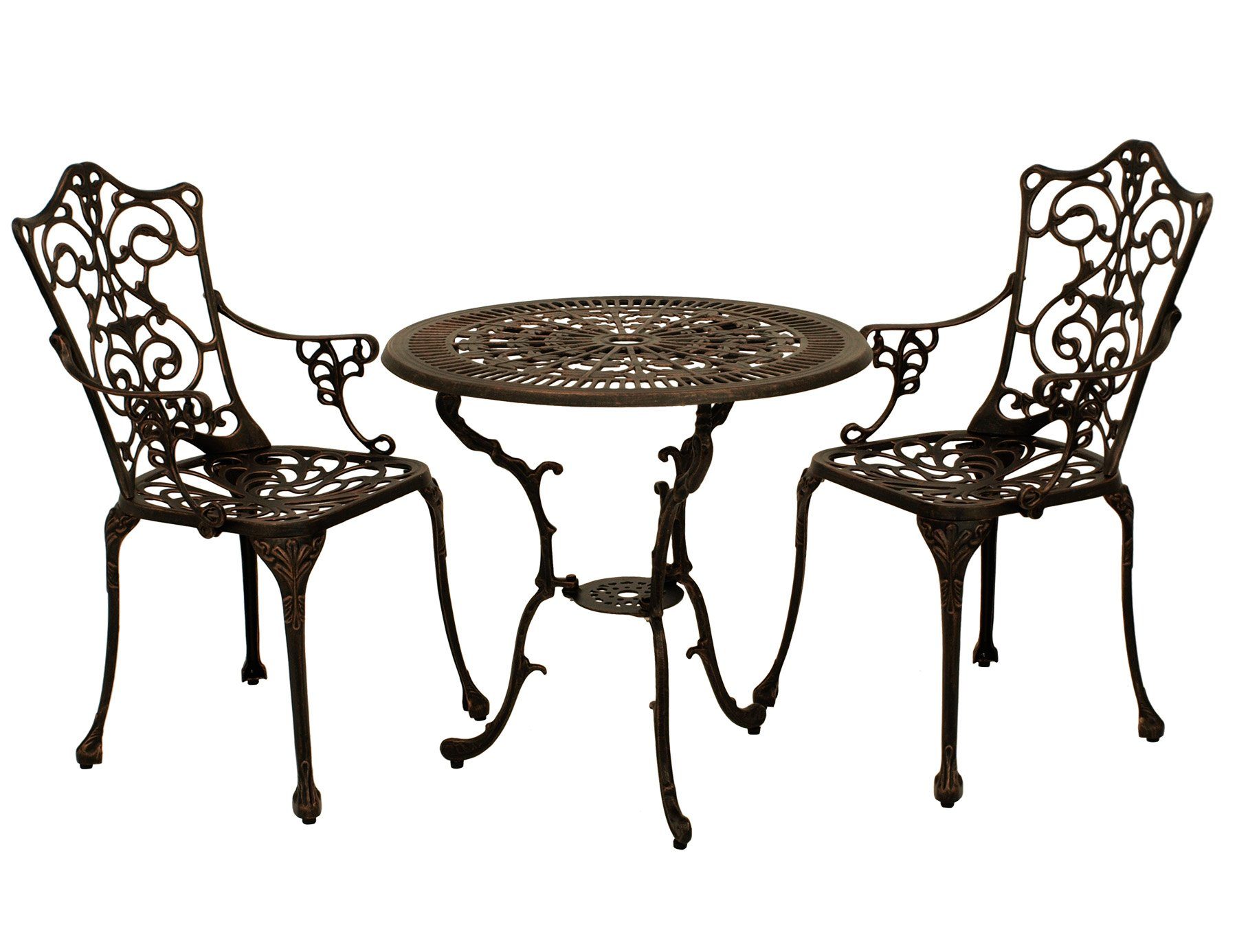 DEGAMO Garten-Essgruppe Jugendstil, (3-tlg), (2x Sessel, 1x Tisch 70cm rund),  Aluguss rostfrei, Farbe bronze-antik