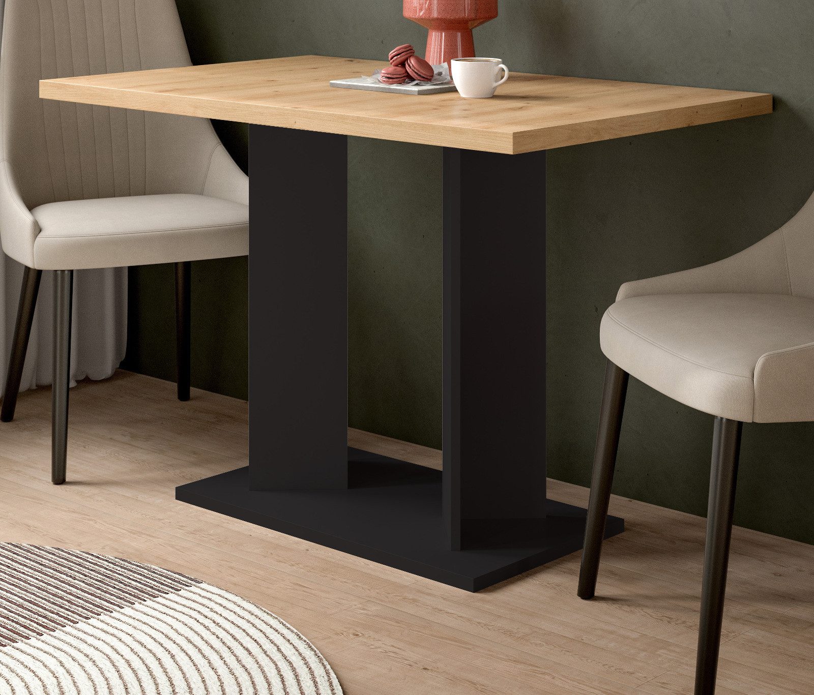 Inn.Furn Säulen-Esstisch Anton (Küchentisch in Eiche Artisan mit Schwarz, 110 x 70 cm), mit Doppel-Säule, bis 30 kg belastbar