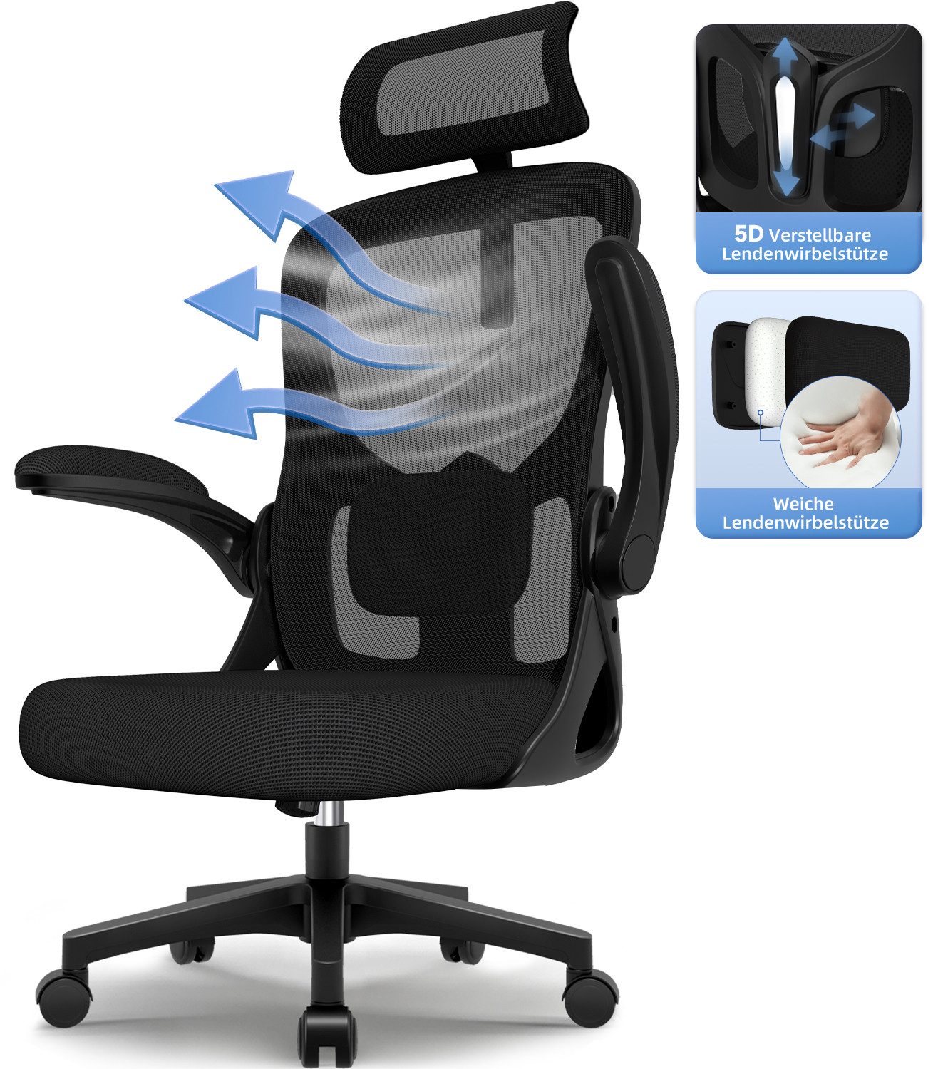 Hiazurm Bürostuhl Bürostuhl, Ergonomischer Schreibtischstuhl, Drehstuhl, Chefsessel (Verstellbare Armlehne,leise Rolle,Bis 155 kg belastbar, Atmungsaktiv,Sitzhöhe Einstellung,Wippfunktion 90°-135), Mit Lendenkissen, Schwarz