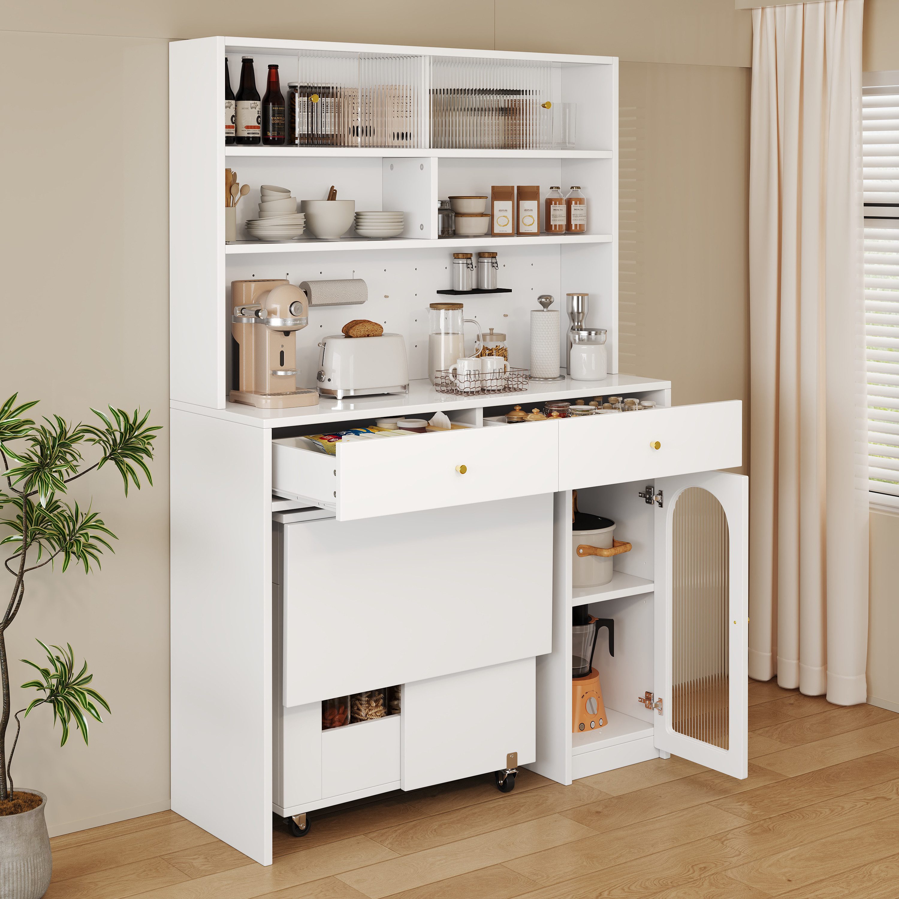 Merax Barschrank Küchenschrank Set mit klappbarem Esstisch (Hochschrank Esstisch Bartisch, 1-St) Mobiler Bartisch auf Rollen & Hochschrank mit Stauraum, Möbel Set,Weiß