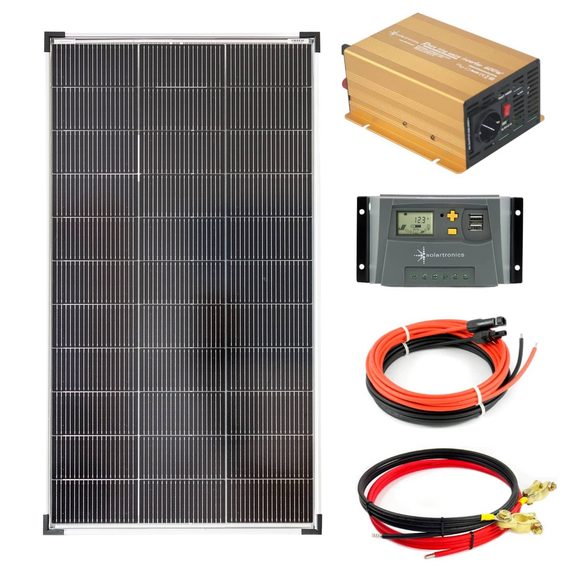 solartronics Solarmodul Solarset: 120W Solarmodul 600W Wandler 10A Laderegler Anschlusskabel, Monokristallin