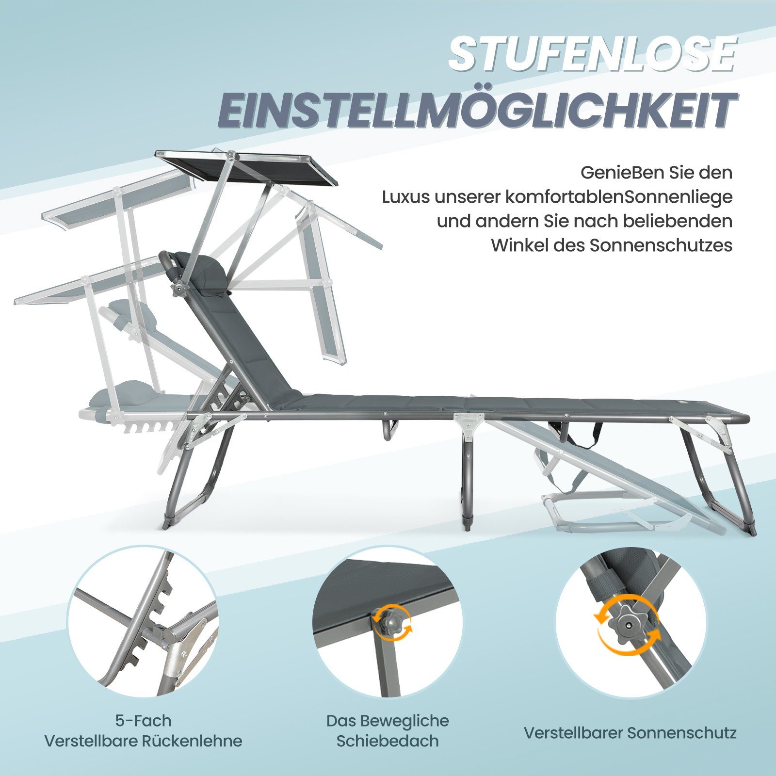 HOMECALL Gartenliege Sonnenliege AluLiege Liegestuhl Strandliege Liegen wetterfest, klappbar, Textilene Mit Dickemschnelltrocknende Schaumstoffpolsterung, Verstellbare Rückenlehne, Sonnenblende, Kopfpolster, bis 180KG
