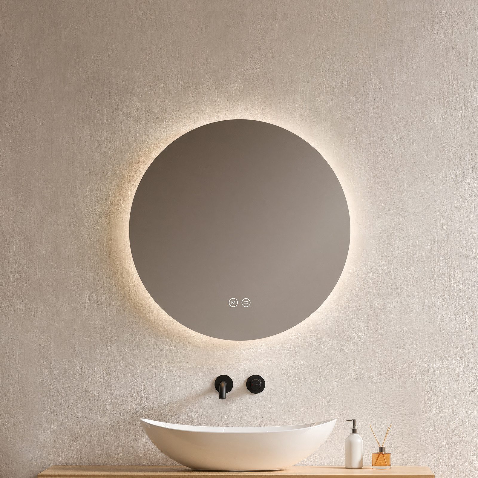 EMKE Badspiegel Rund mit LED Beleuchtung Wandspiegel ohne Rahmen (50~80cm, Touchschalter), Kaltweiß/Neutralweiß/Warmweiß Licht, Dimmbar, Memory Funktion, IP44