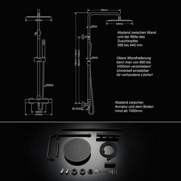 JOHO Duschsystem Thermostat Duschset, mit XXL Regenduschkopf D30cm Matt schwarz