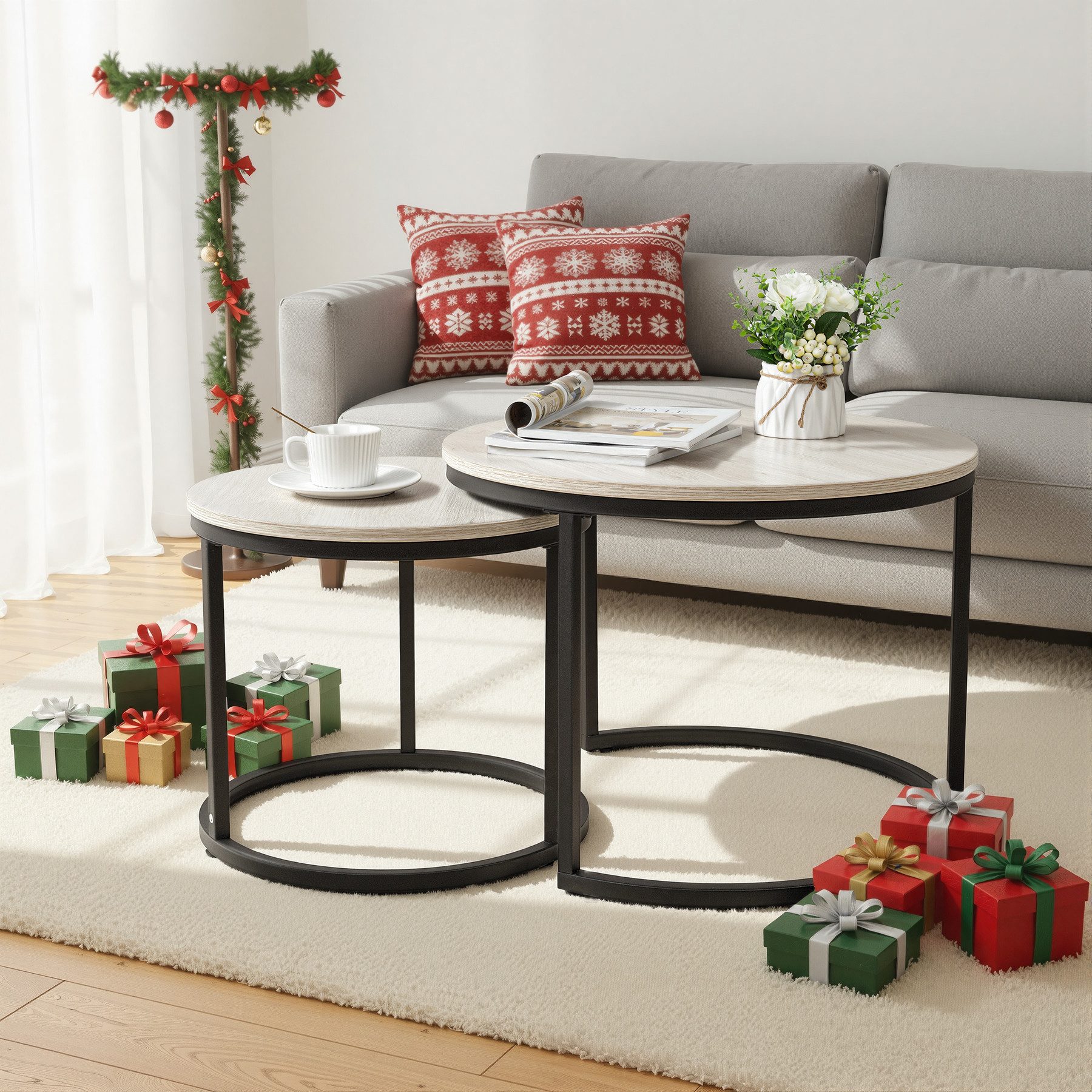 HawthyHome Couchtisch 2er-Set runde Прикроватные тумбочки aus Holz & Metall (2-St), Moderne Kaffeetische für Wohnzimmer Schlafzimmer