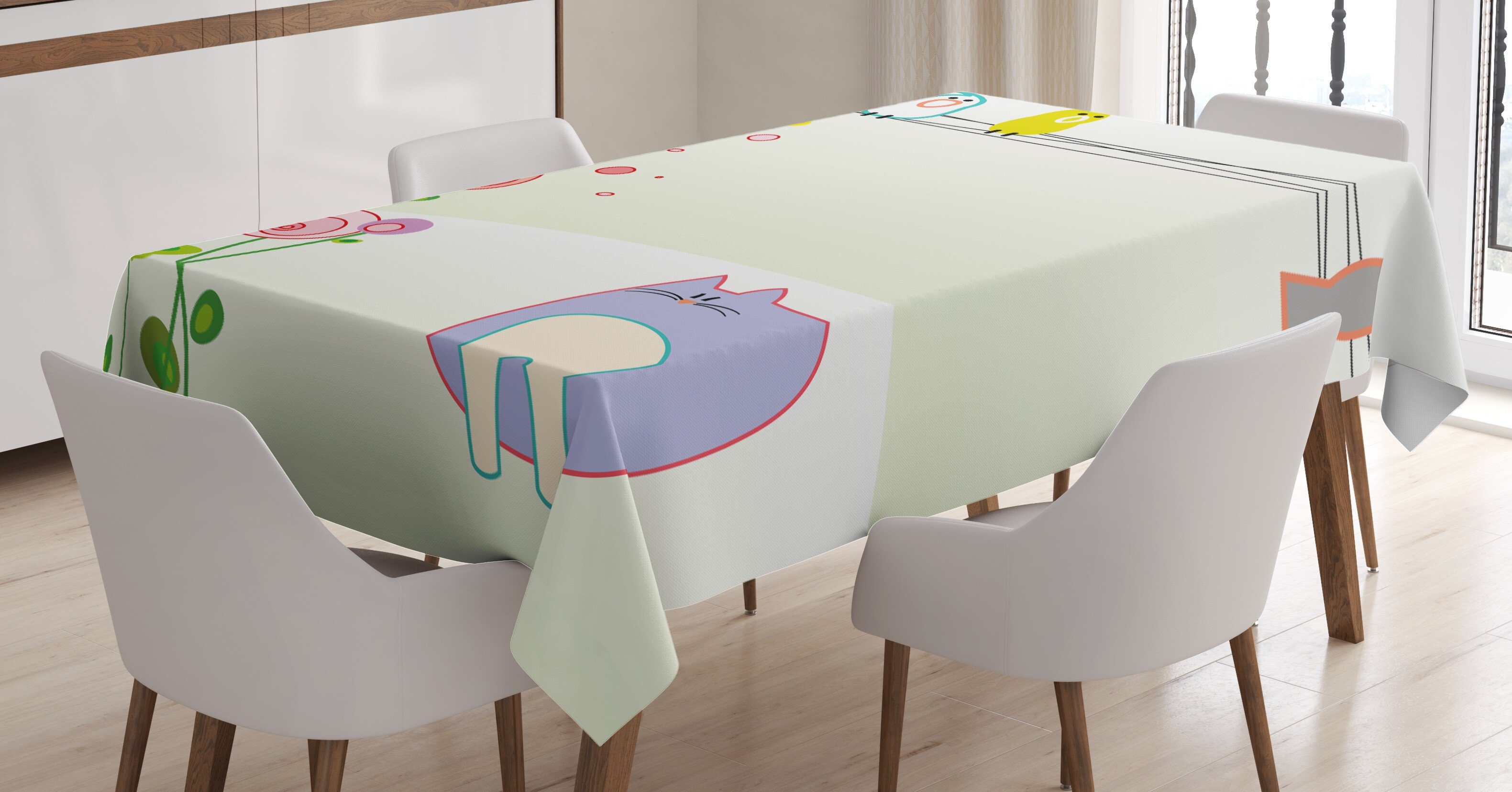 Abakuhaus Tischdecke Farbfest Waschbar Für den Außen Bereich geeignet Klare Farben, Kleinkind Vogel Katze Blumen