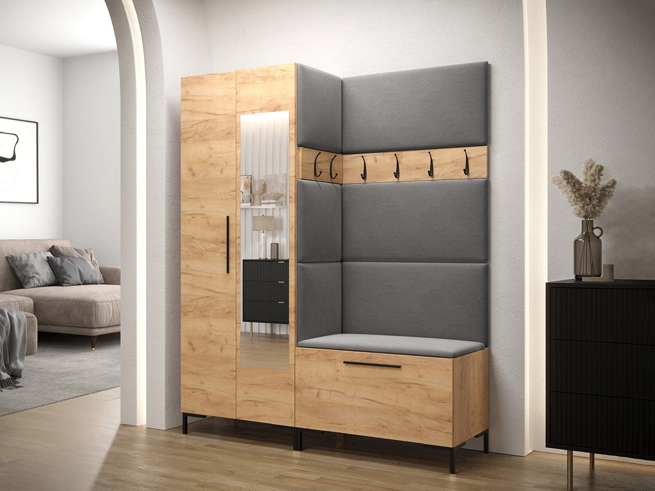 MIRJAN24 Garderoben-Set Zilion IX, (Komplett-Set, Schrank mit Spiegel, 2x Kleiderhaken, Paneel 3x 42x42, 4x 84x42), Auswahl aus Fronten und Polsterplatten
