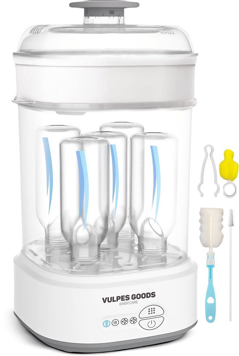 Vulpes Goods Dampfsterilisator mit Trocknungsfunktion - Flaschensterilisator BabyCare PRO, mit Reinigungsset und Zange, mit Trocknungs- und Aufbewahrungsfunktion