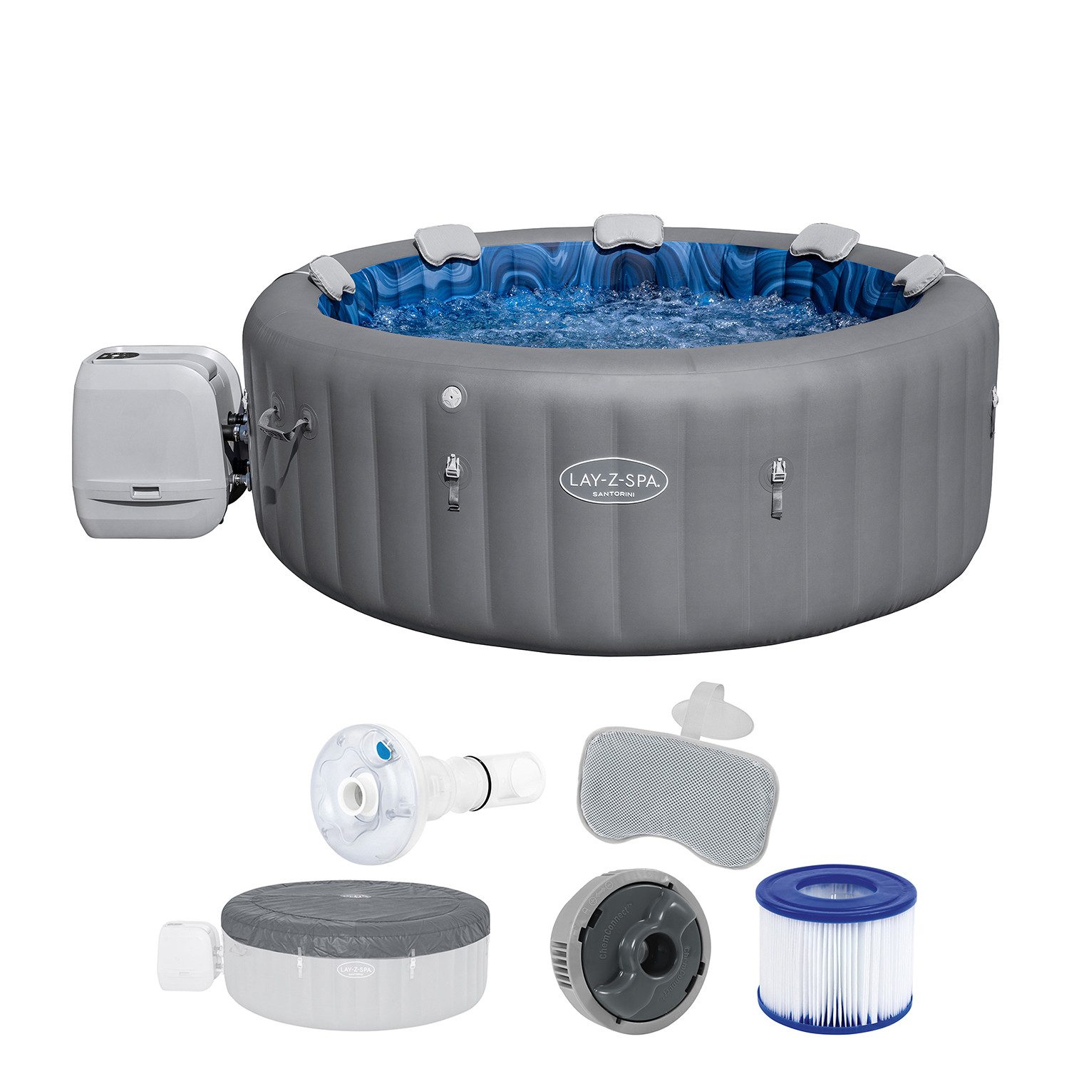 Bestway Whirlpool LAY-Z-SPA Santorini HydroJet Pro, Aufstellbecken, (Set, Inkl. App-Steuerung, für max. 7 Personen), Ø 216 x 80 cm
