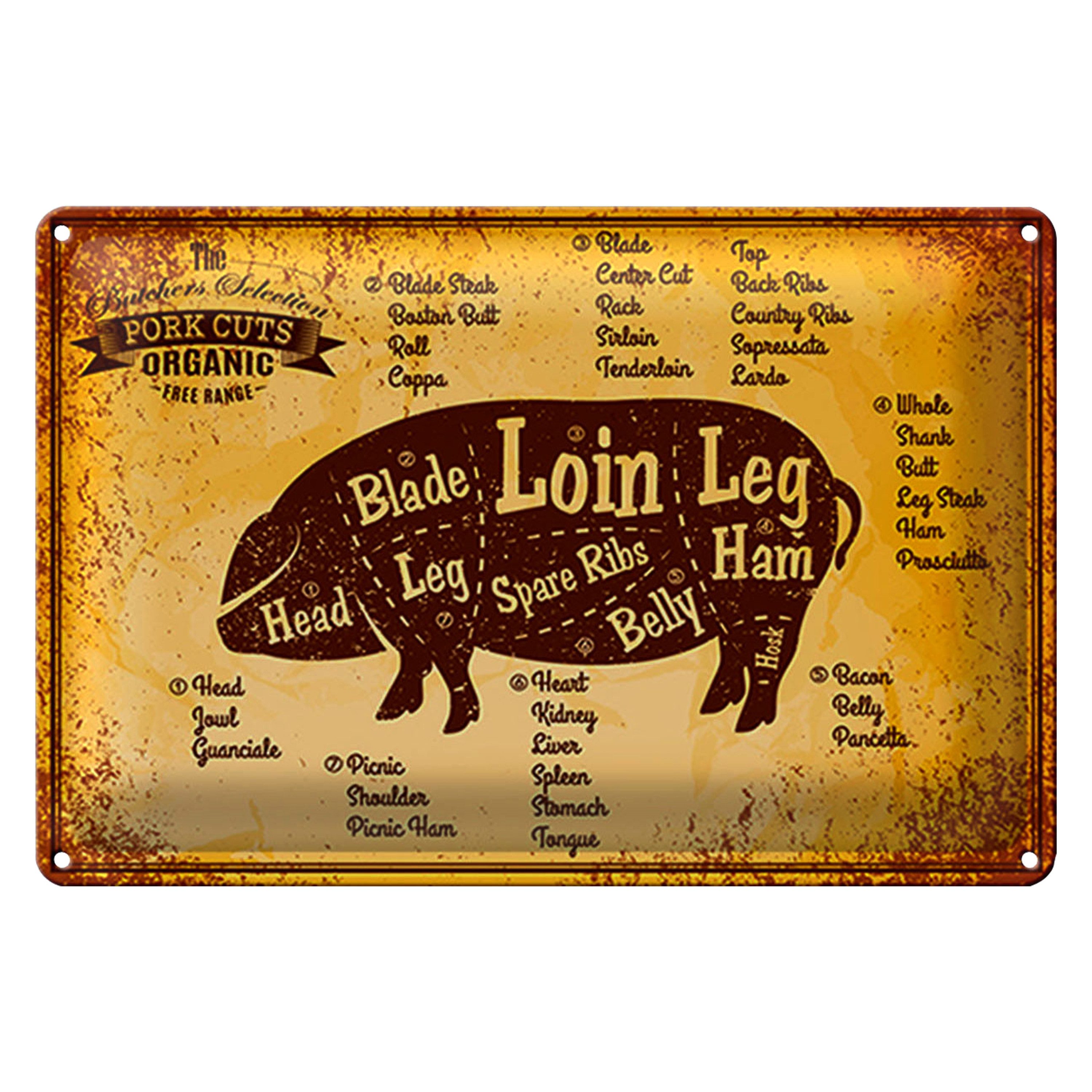 Roomando Metallschild Blechschild Metzgerei 30x20cm Fleisch Pork cuts organic