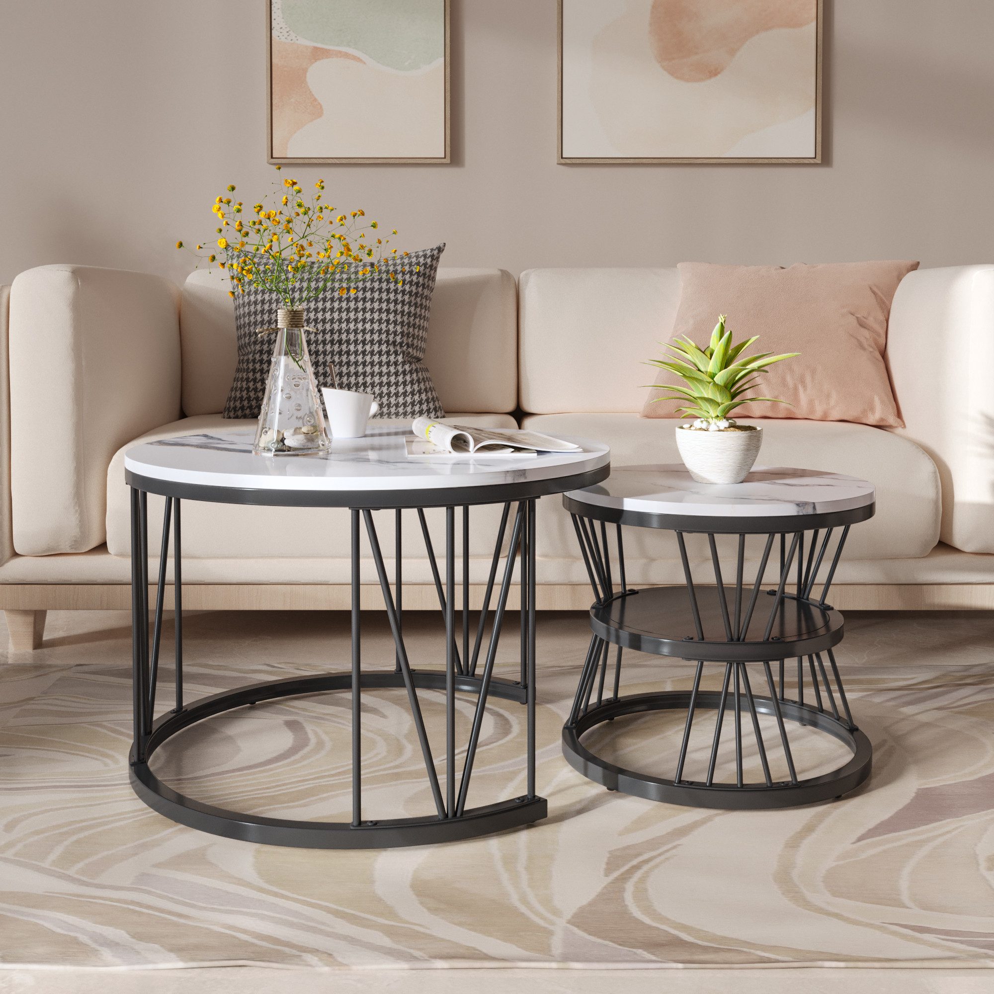 NMCXXO Couchtisch Elegantes 2er Set Couchtische aus Metall und Marmor (2-St., Platzsparendes stapelbares Design), Moderne, robuste Beistelltische im industriell – Bild 2 von 5