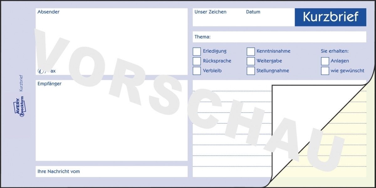Formularblock Formularbuch Kurzbrief 1/3 A4 VE=2x40 Blatt