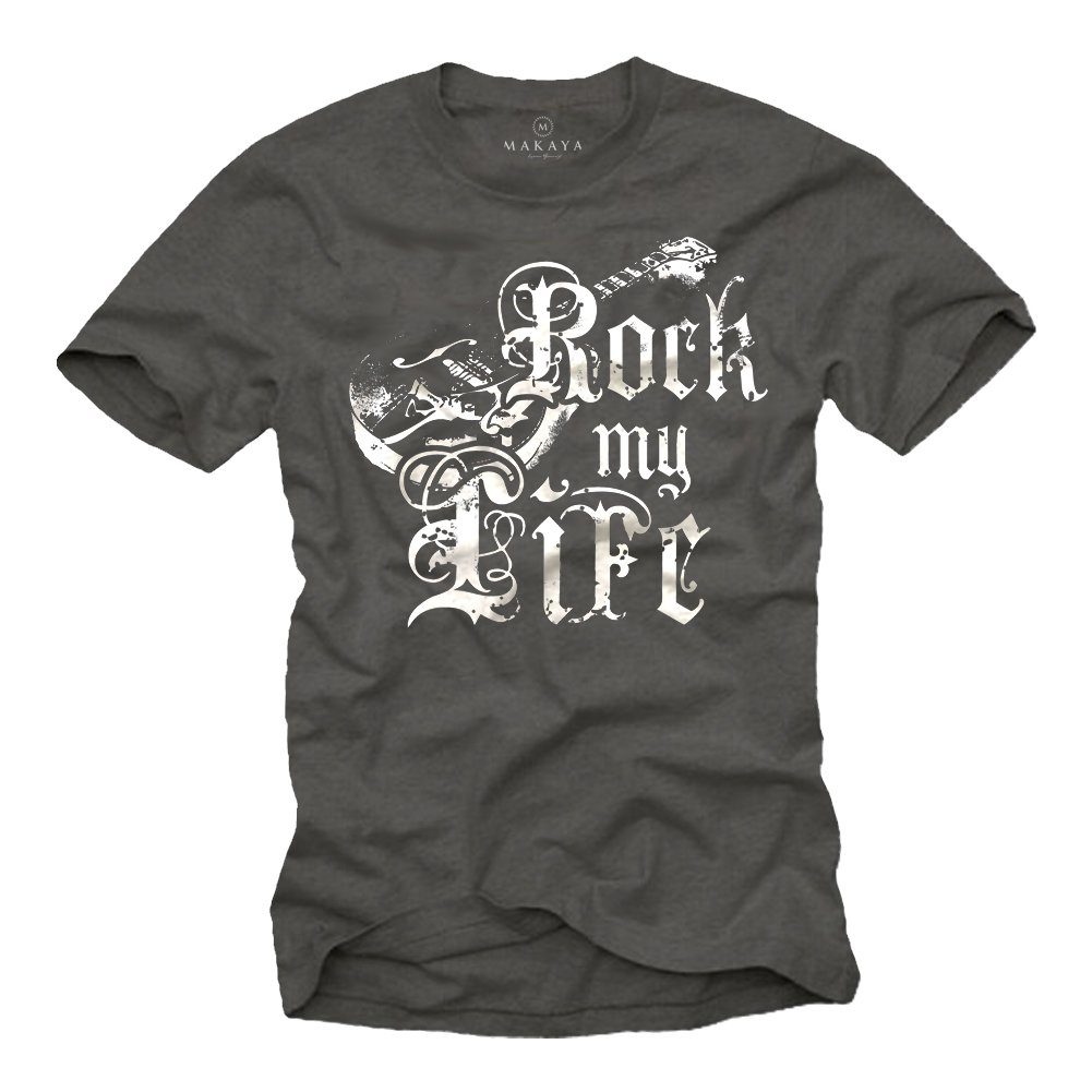 MAKAYA T-Shirt Herren Bandshirt Motiv Rock Gitarre Musik Band Geschenke Männer mit Druck, aus Baumwolle Grau