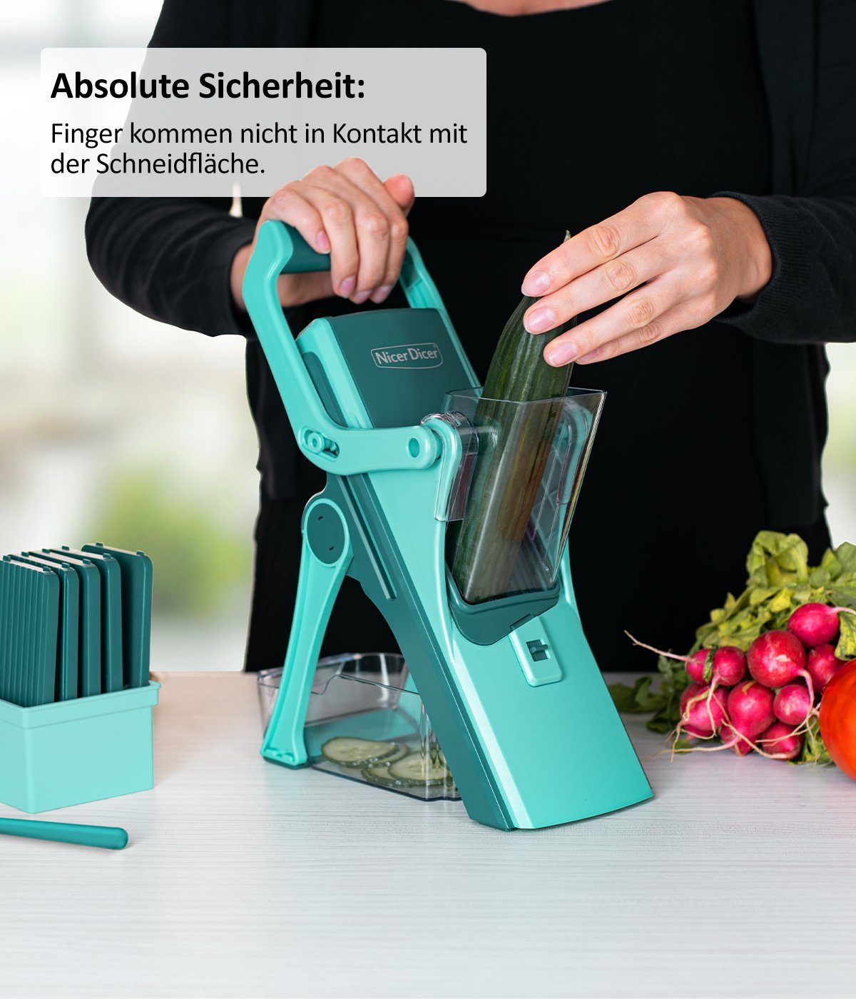 Genius Gemüsehobel Nicer Dicer Mando Gemüseschneider 12-tlg., Mandoline verstellbar, (mit Aufbewahrungsbox 6 Einsätze, Kartoffelschneider Zwiebelschneider), Vegetable Slicer Chopper für Scheiben Julienne mit Reininung Pinsel