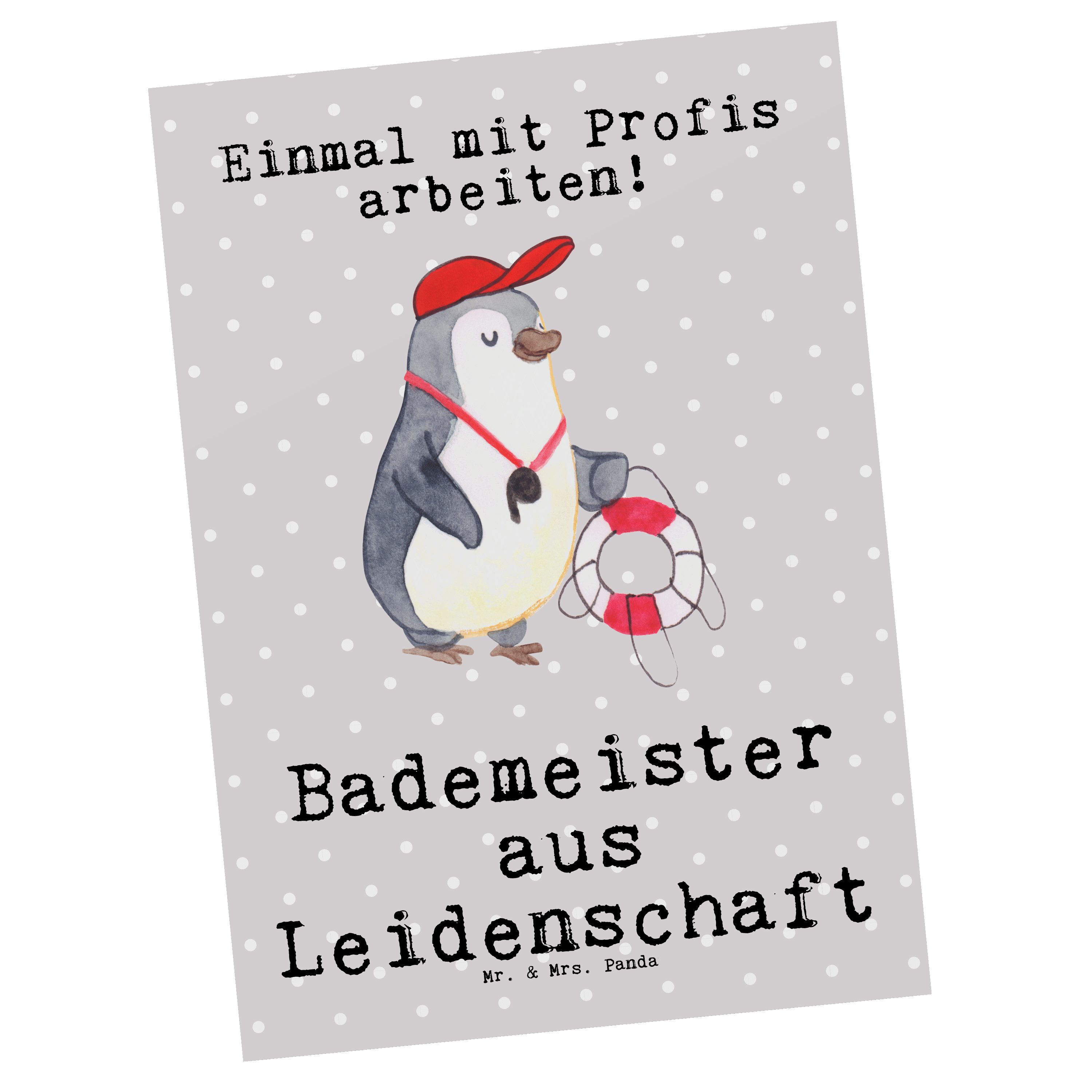 Mr. & Mrs. Panda Postkarte Bademeister aus Leidenschaft - Grau Pastell - Geschenk, Schwimmschule