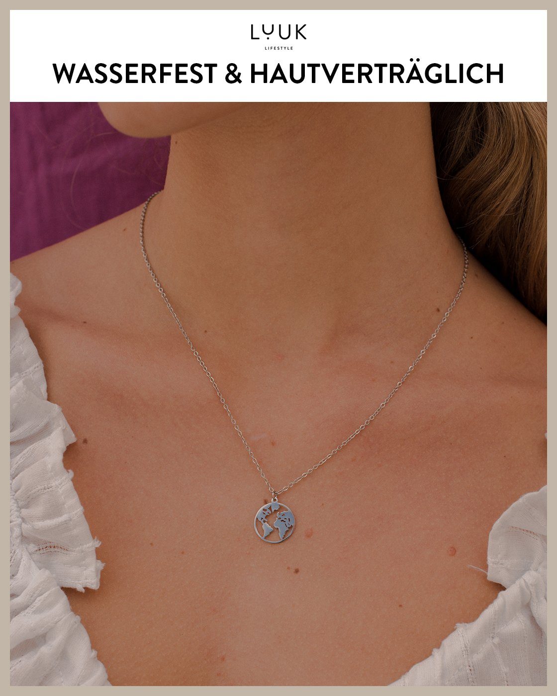 LUUK LIFESTYLE Freundschaftskette Weltkugel, Weltkarte I Globus Anhänger, aus wasserfestem Edelstahl