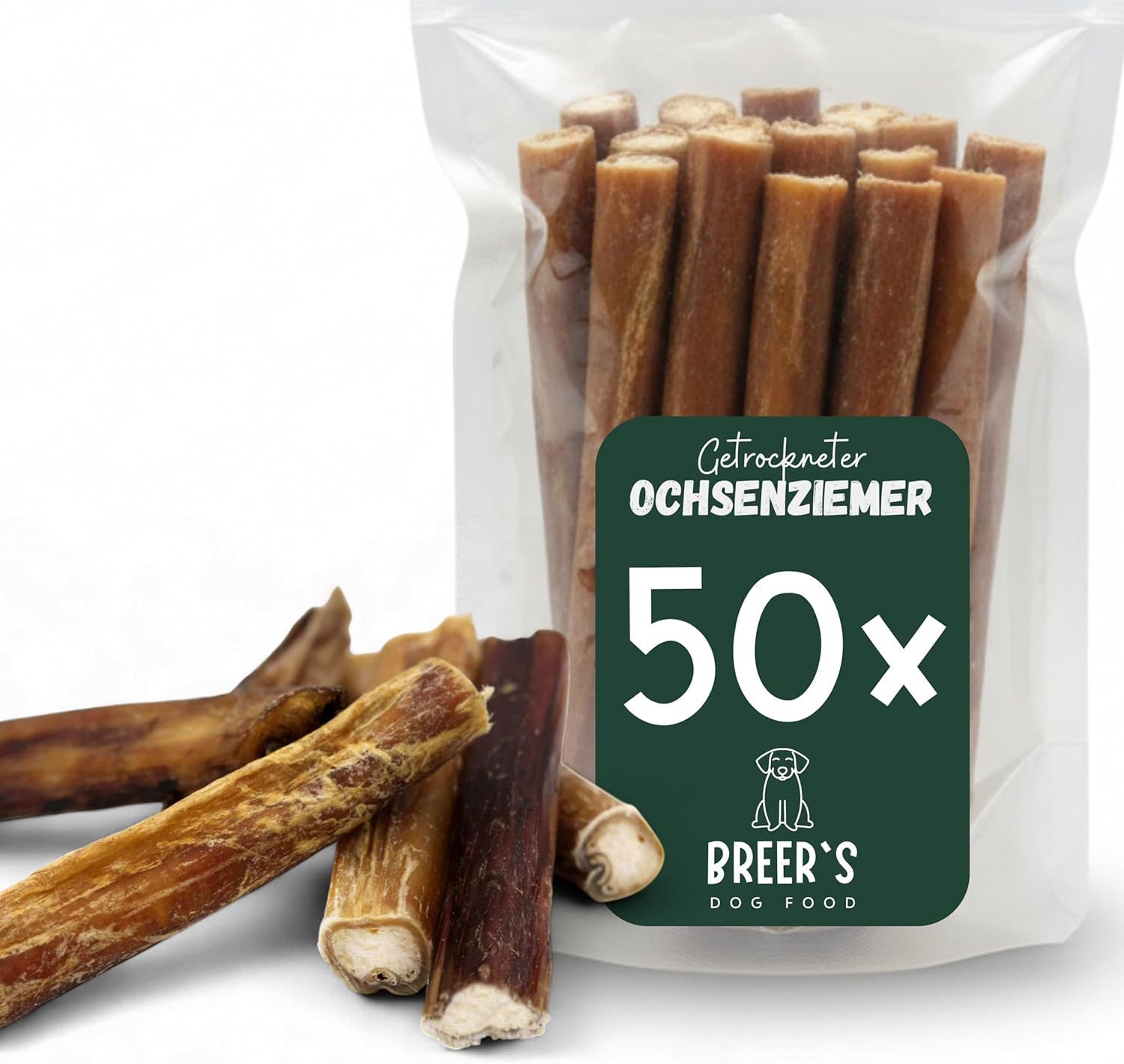 Breers Pet Food Ochsenziemer getrocknet 12 cm 50 Stück Kausnack Hundeleckerli, Einzelfuttermittel für: Hunde, Harter Kauartikel, Leckerli getreidefrei, Kausnack zuckerfrei