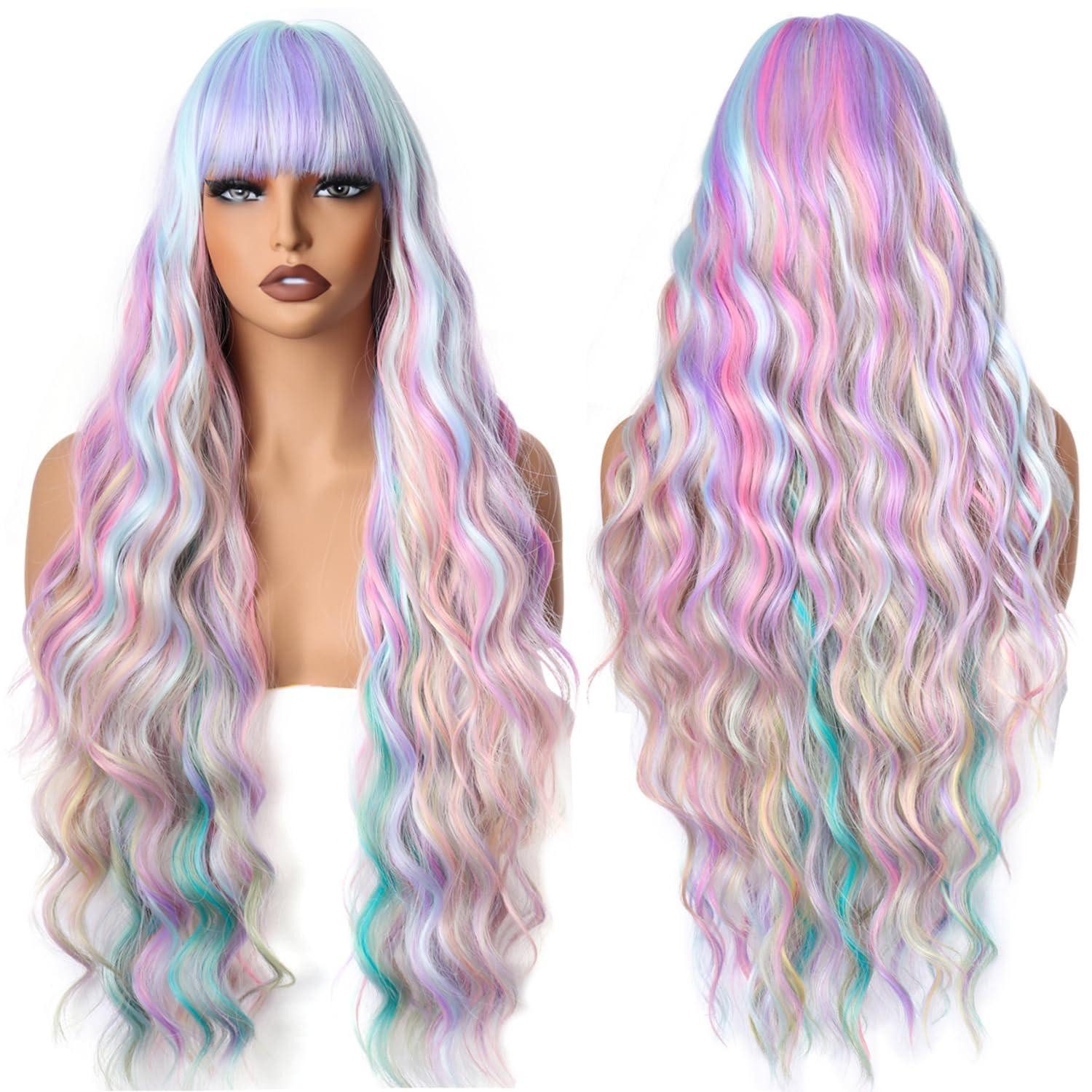 Kostüm-Perücke Perücke Damen Lang Lockig Pony Ingwerrot Cosplay 28Zoll Regenbogen