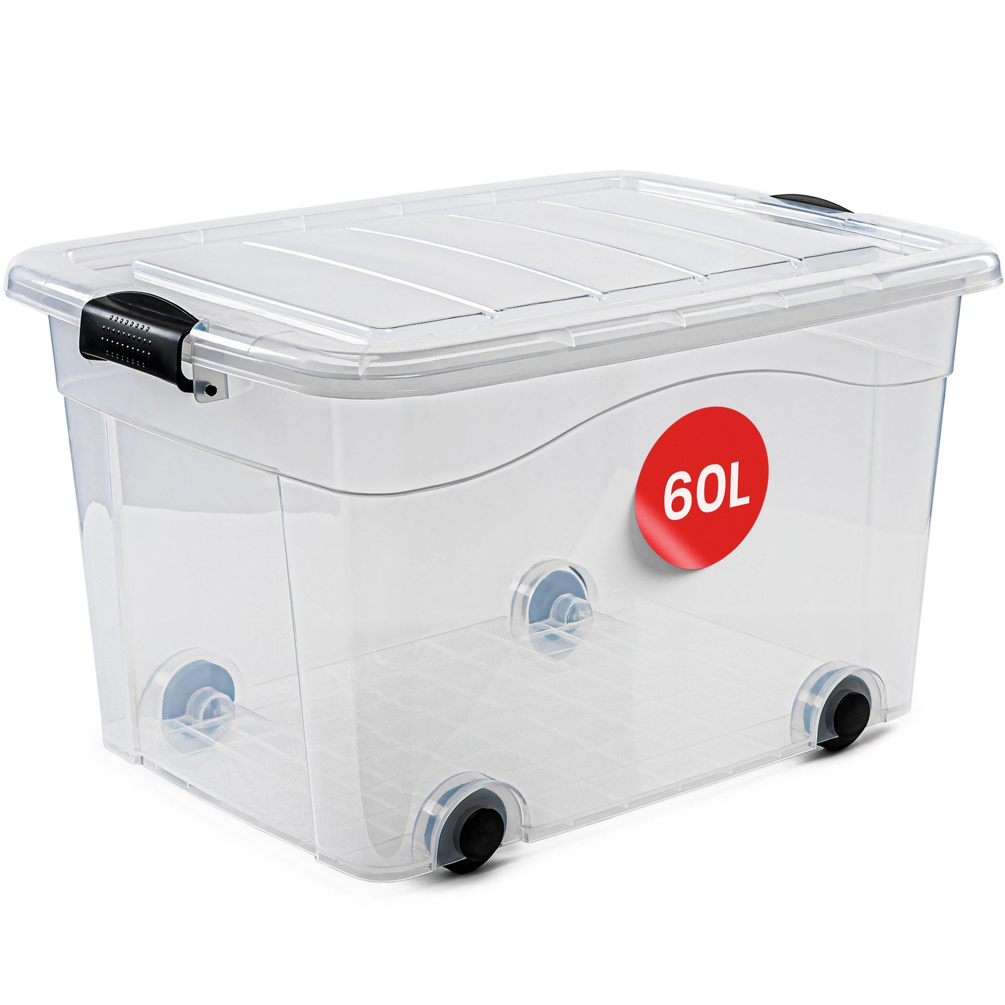 KONZEPT Aufbewahrungsbox Kunststoffbox mit Deckel 60L Transparent Stapelbox mit Rollen, für Kleidung, Bettwäsche, Spielsachen, Küchenutensilien