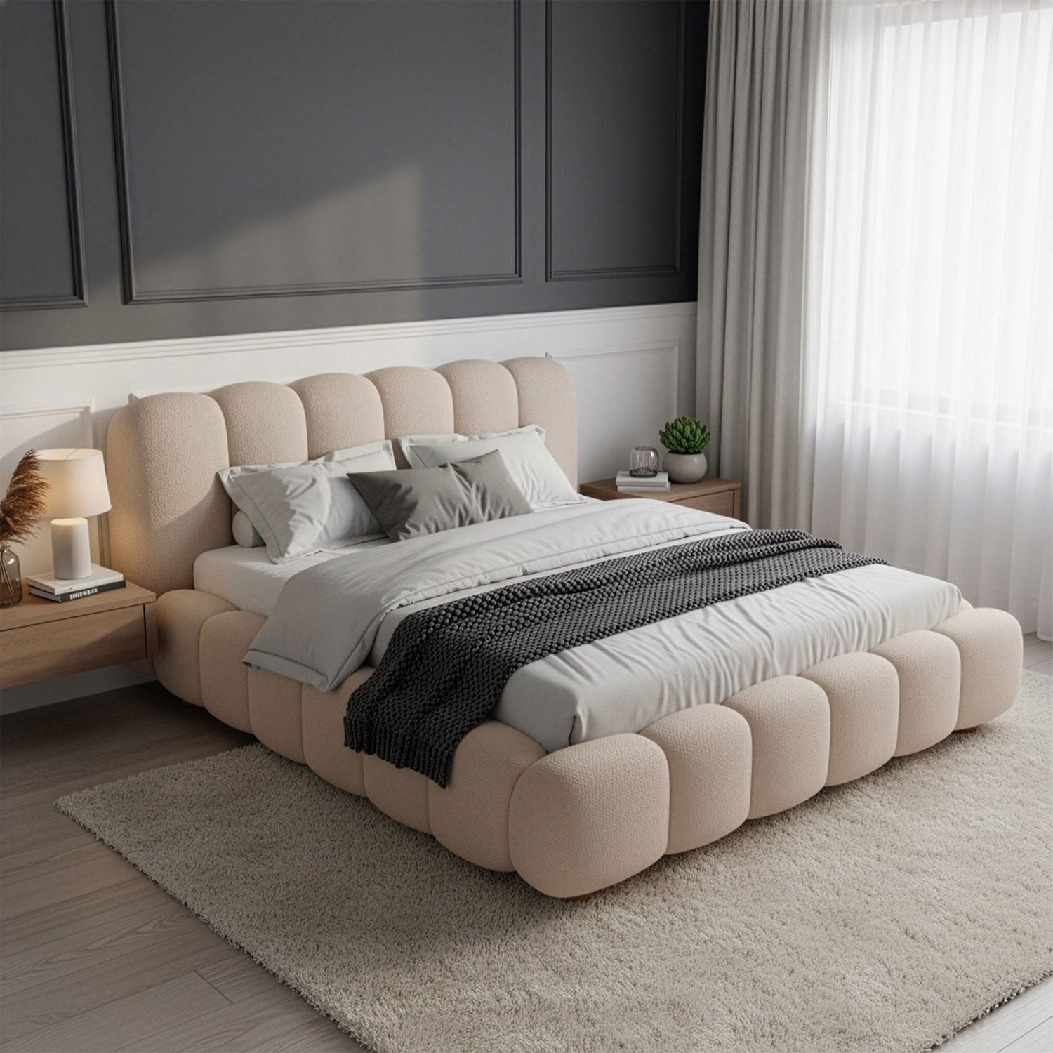 Juskys Polsterbett Catania, Gepolstertes Kopfteil, Bubble Design, Bouclé Stoff