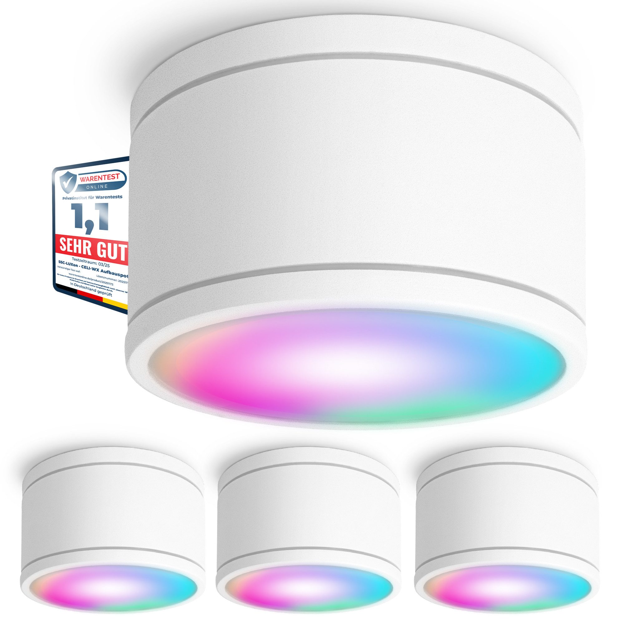 SSC-LUXon LED Außen-Deckenleuchte CELI-WX Bad Aufbaulampe flach IP44 weiss rund mit Smart WiFi RGB LED, Smart
