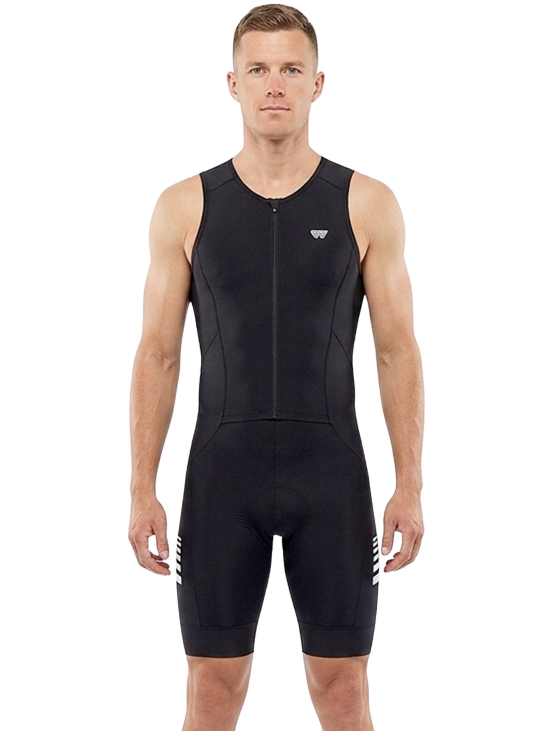 Wulibike Trainingsanzug Herren Trisuit ärmelloser Triathlon-Einteiler mit Frontreißverschluss (Einteilig, 1-tlg), Atmungsaktiv mit stützendem Sitzpolster, Muskelkompression & Taschen