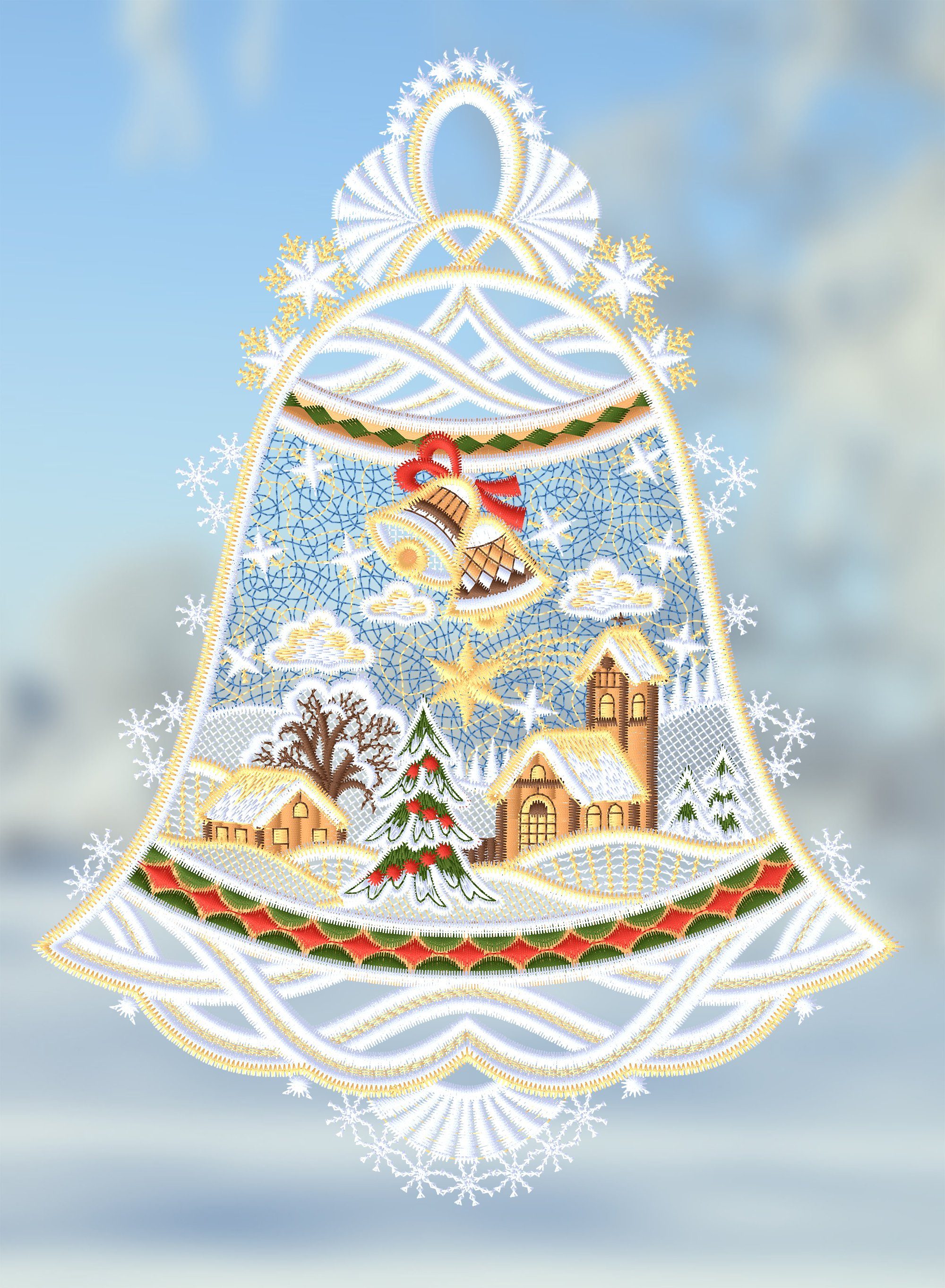 Plauener Spitze® Fensterbild Glocke mit Winterszene, HxB 26x19cm günstig online kaufen