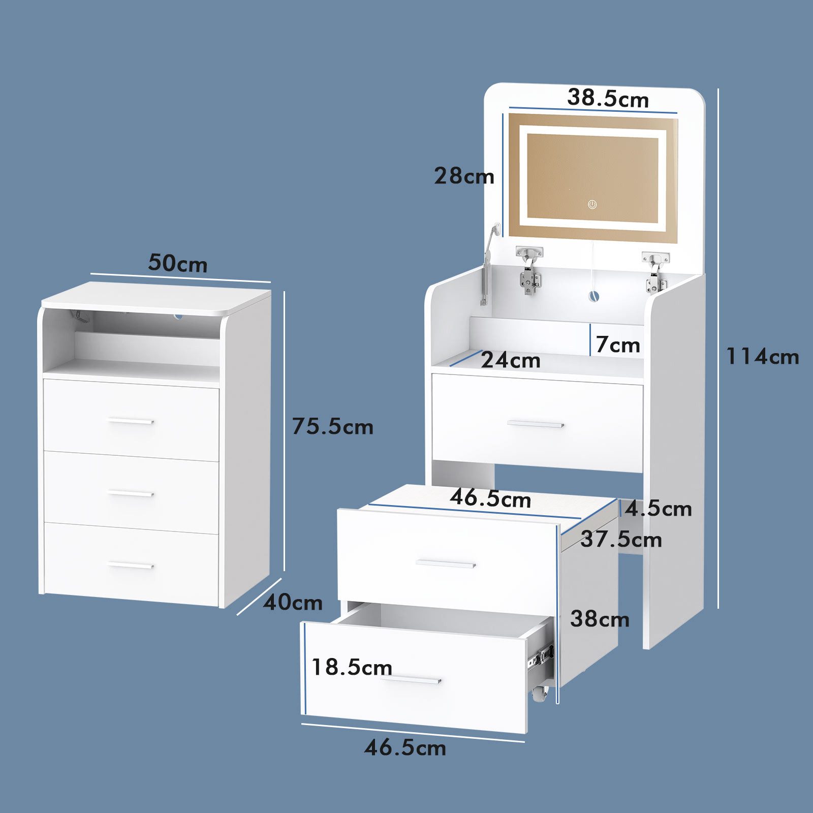 ALFORDSON Schminktisch LED-Nachttisch, tragbarer Schreibtisch, 3-in-1-Flip-Top-Design (1-St), Mit beleuchtetem Spiegel, Stauraum und klappbarer Platte