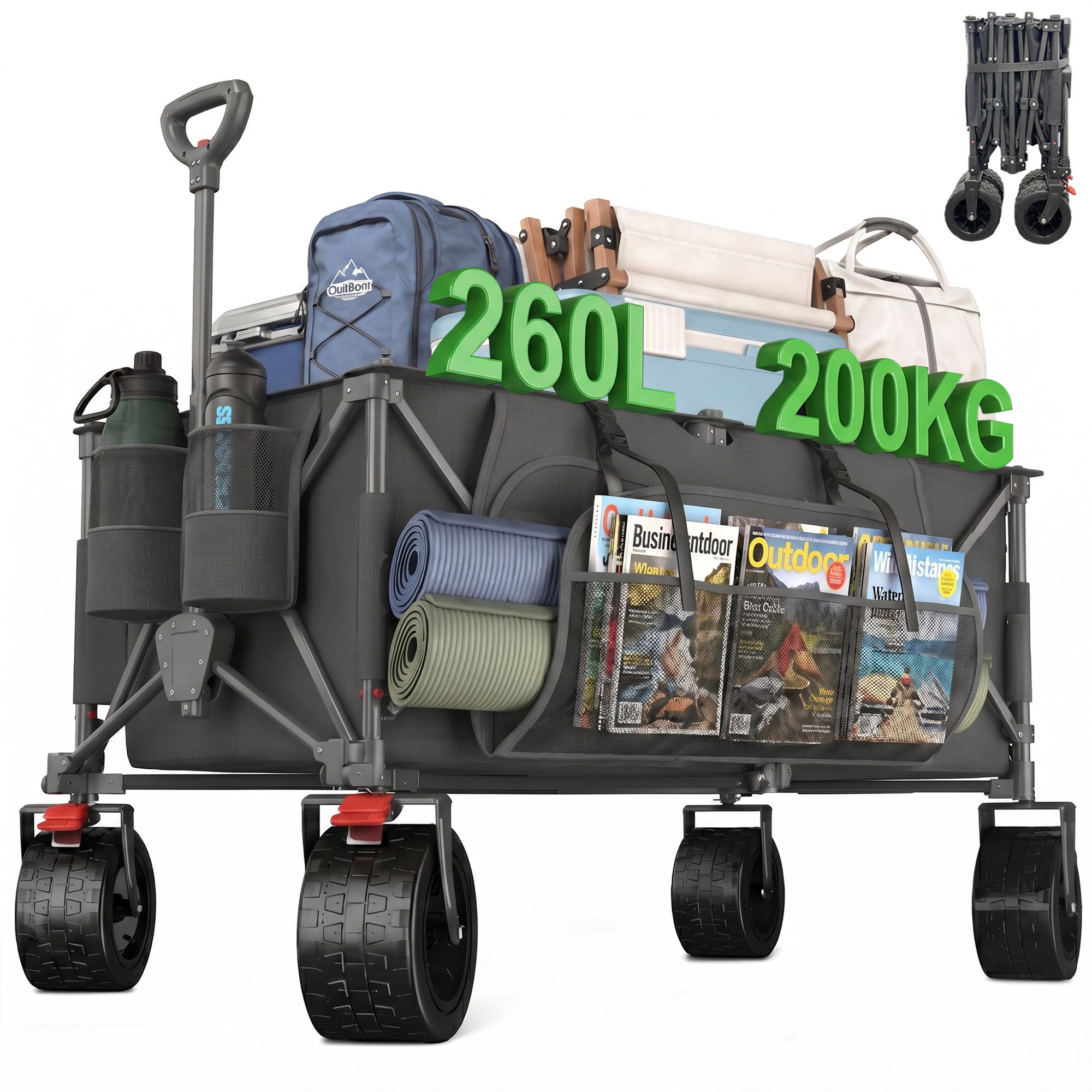 HOMALL Bollerwagen Faltbar Bollerwagen, XXL Handwagen Transportwagen 260L 200KG (Alle-Terrain Reifen, Ultrakompakt Faltbar & mit Bremsen)