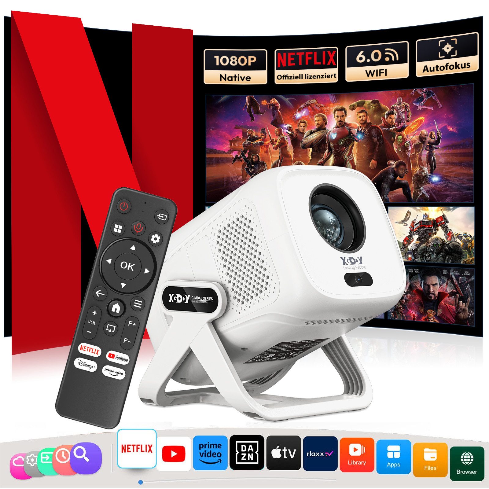 XGODY Native 1080P Mini Beamer 4K heimkino Mit Netflix Zertifizierung LCD-Beamer (20000 lm, 20000:1, 3840 x 2160 px, freestyle beamer mit AutoFokus/beamer ständer/Sprachsteuerung)