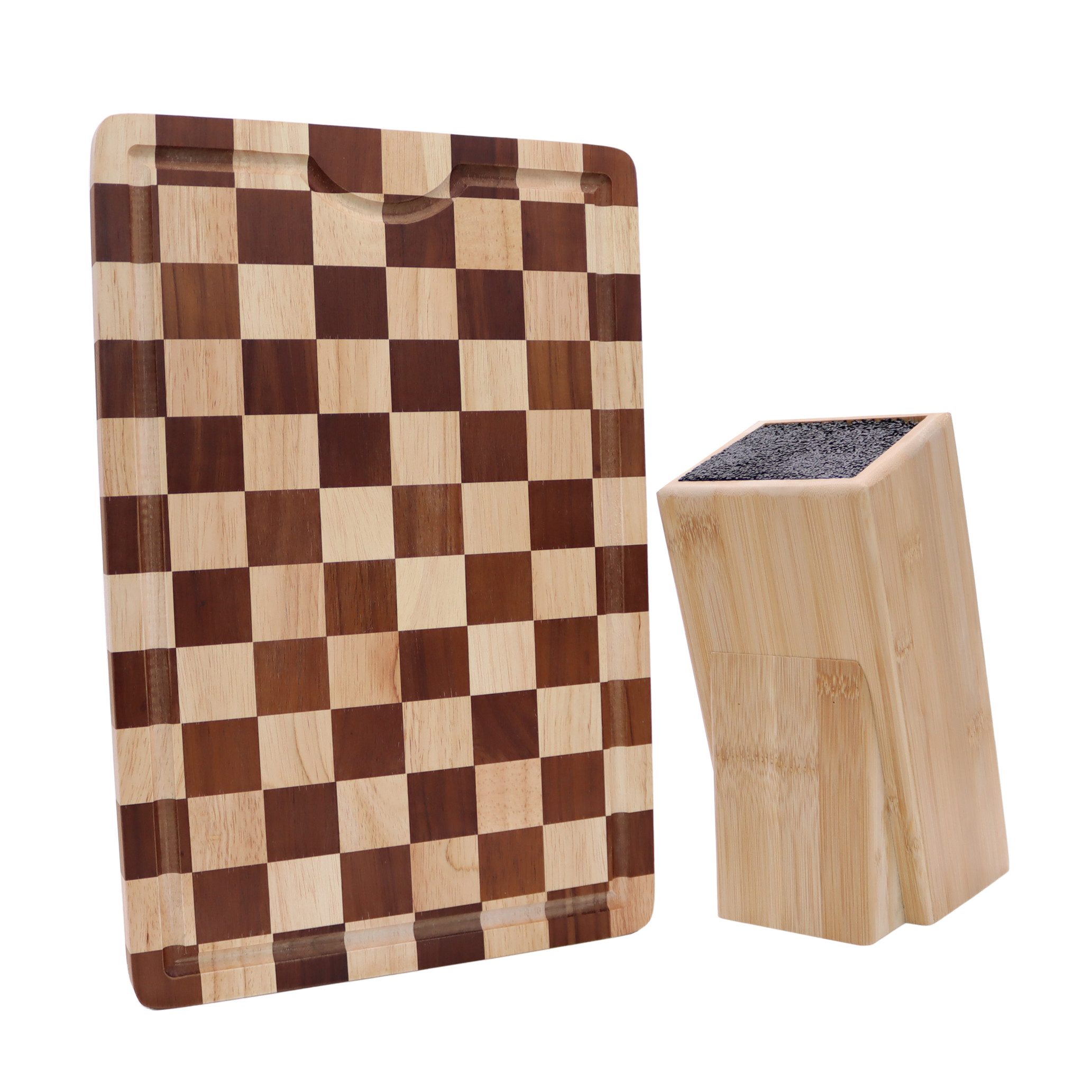 Lacers Schneidebrett Bundle-Gummibaumholz Schneidebrett & Messerblock aus Bambus, (2-St), mit Saftrille, Schachmuster, offenes Borsten-Design