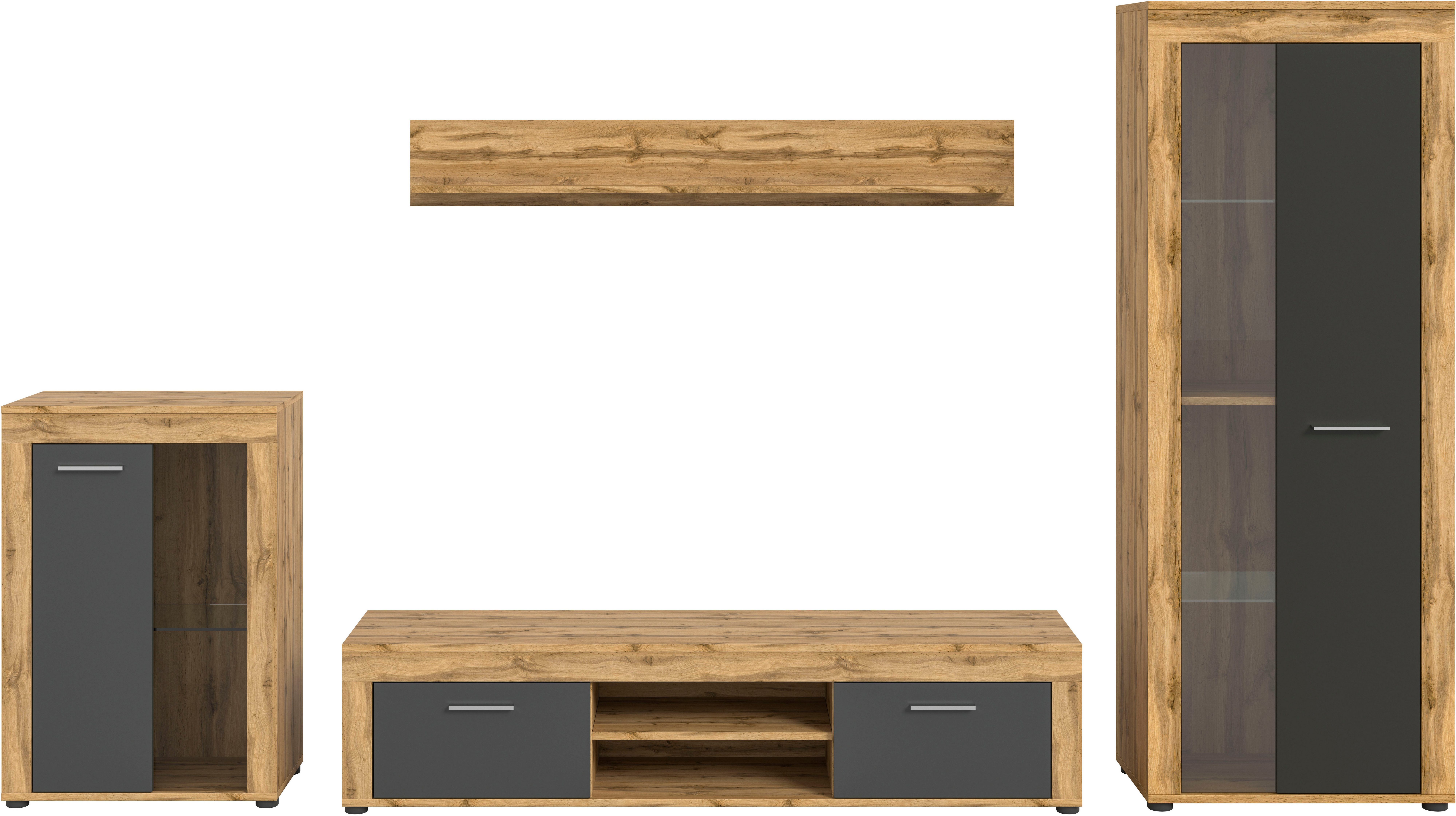 Home affaire Wohnwand AOSTA, TOPSELLER!, Breite 310cm, 4-teilige Wohn-Kombination, (4-St., bestehend aus: Vitrine, Lowboard, Wandboard & Vitrine hoch), Wohnwand, Kombination, Anbauwand, Möbel Set, Schrankwand, Möbel Kombi