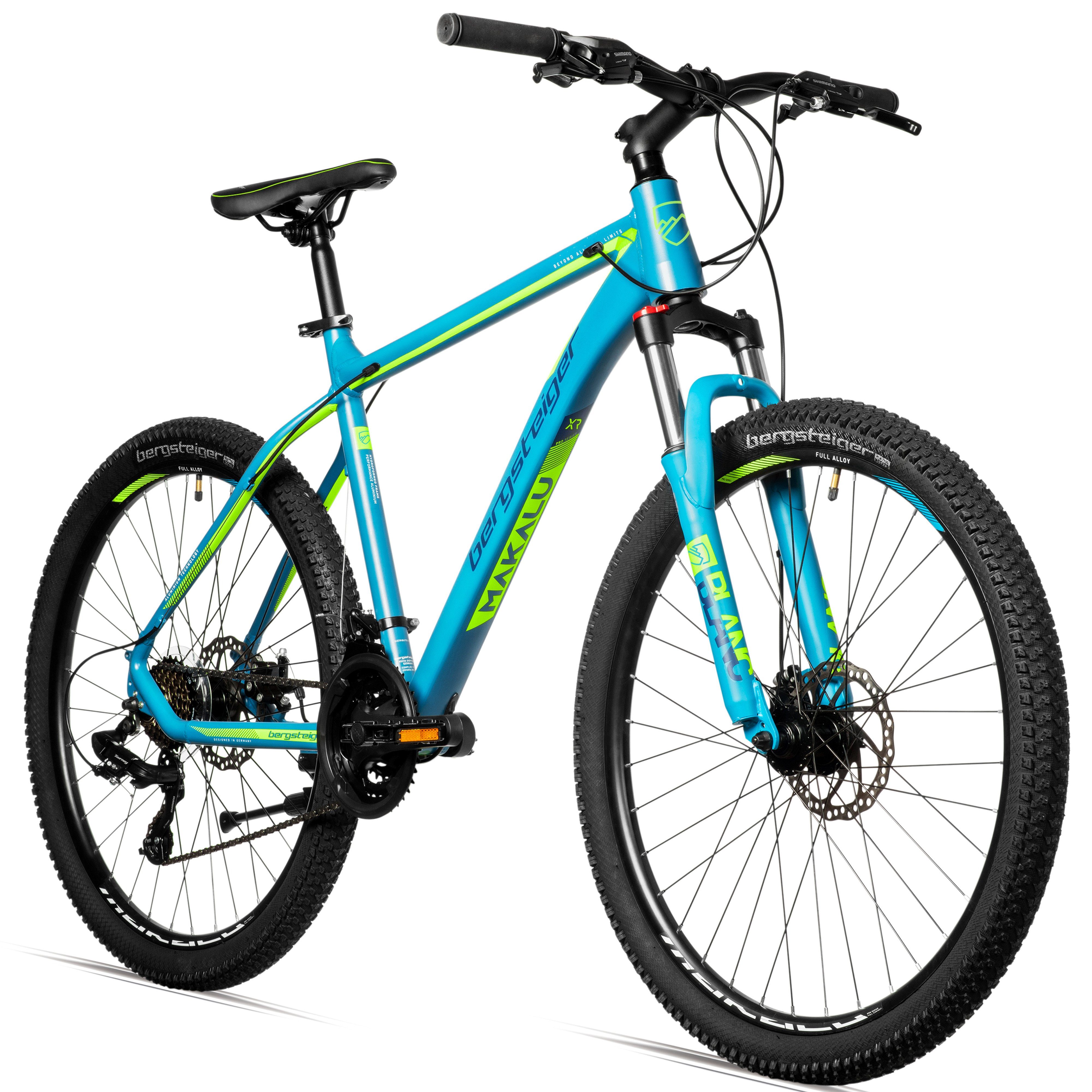 bergsteiger Mountainbike Makalu 26, 29 Zoll Mountainbike Alu, geeignet ab 150 cm, Damen, Herren, 21 Gang Shimano Tourney RD-TY300 Schaltwerk, Kettenschaltung, Scheibenbremsen
