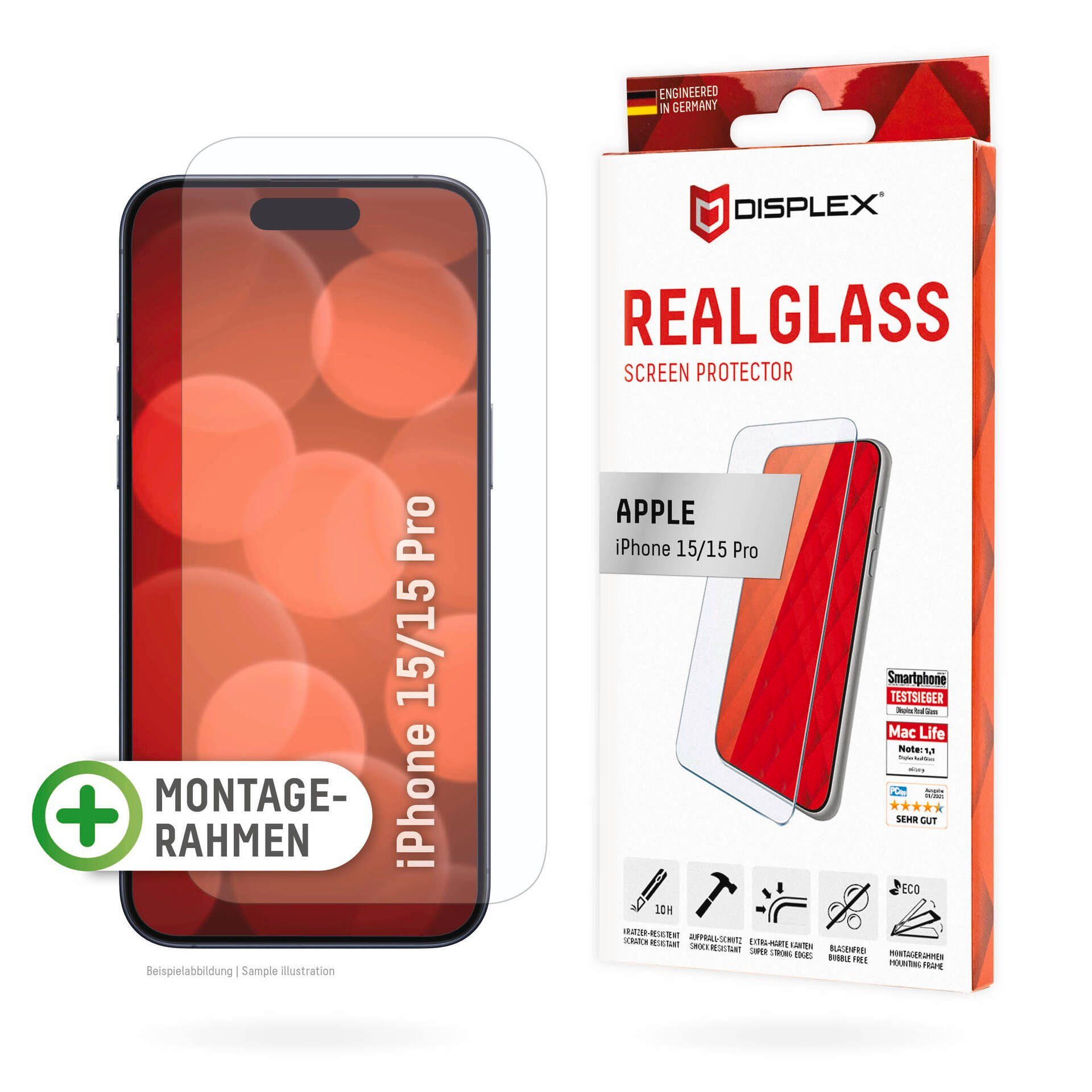 Displex Real Glass für Apple iPhone 15, Apple iPhone 15 Pro, Displayschutzglas, Displayschutzfolie Displayschutz kratzer-resistent 10H splitterfest