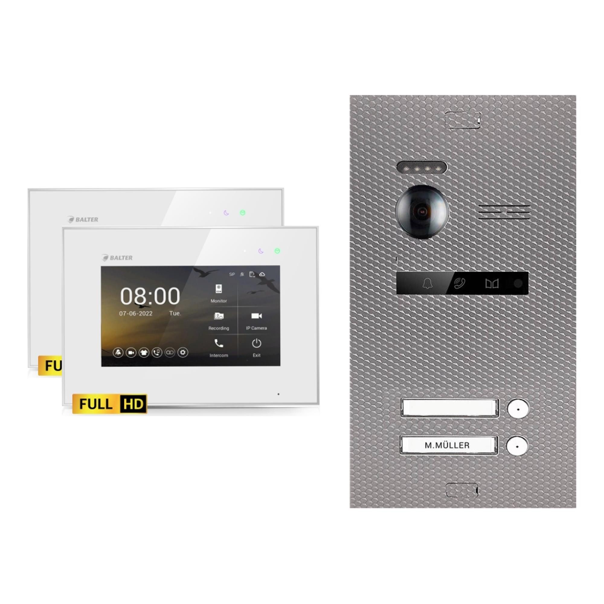 Balter Video-Türsprechanlage EVO-HD Komplettset 2-Familie Karbon-Silver 2x 7" Monitor Weiß (Set, 2-Familienhaus, Komplettset, FullHD Kamera)