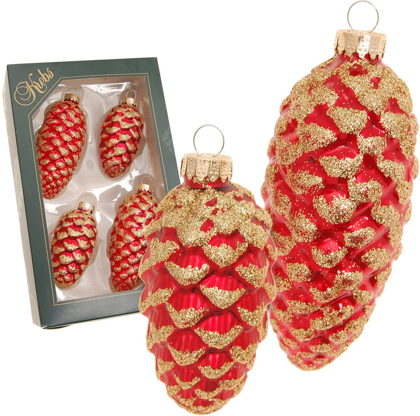 Krebs Glas Lauscha Christbaumschmuck cm (4-tlg), Rot 8 Weihnachtsdeko, 10 Glas-Tannenzapfen, groß Glitter, klein mit Ø Ø cm 2x + aus Christbaumkugeln Glas Weihnachtsbaumkugel, 2x