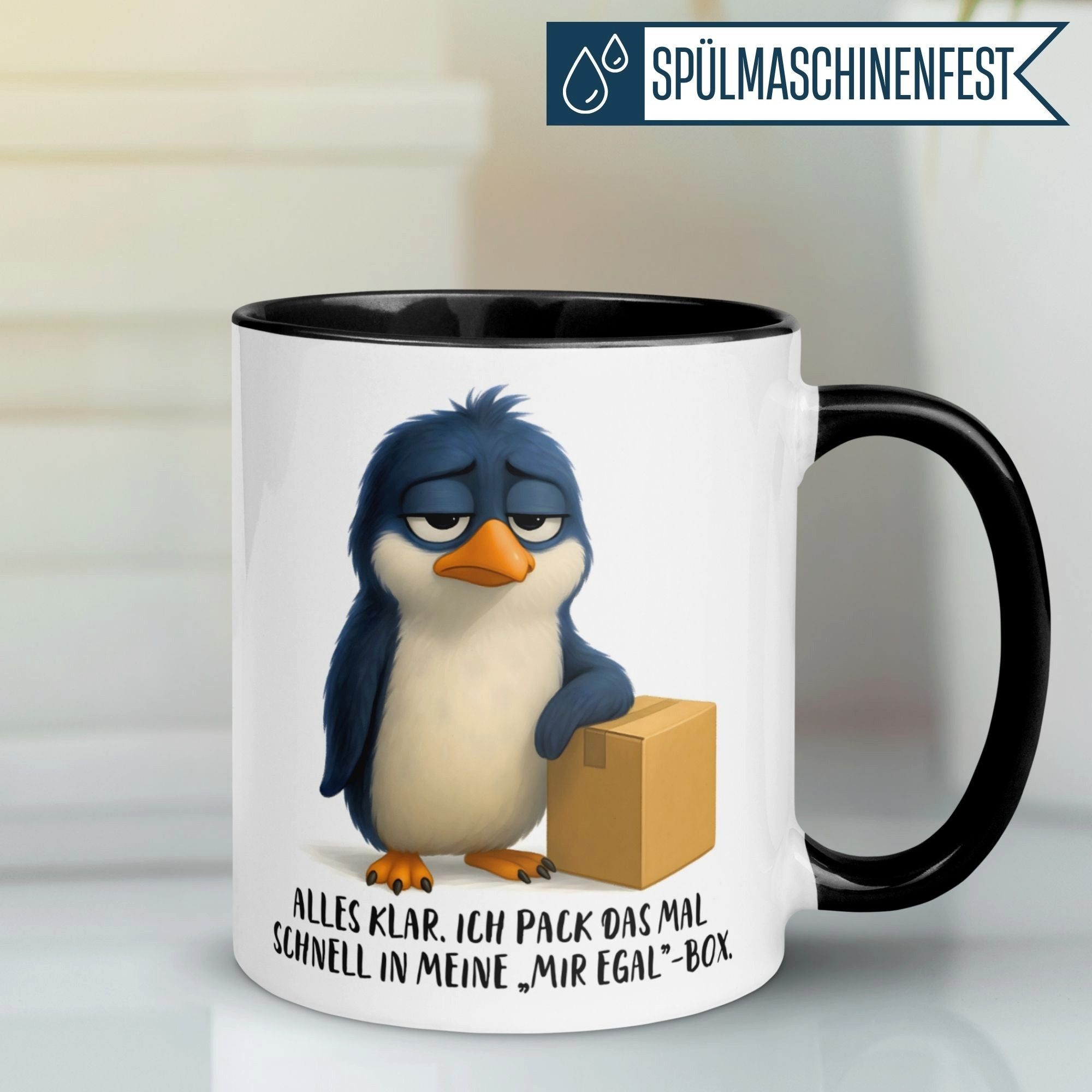 Momentals Tasse Pinguin – Kommt in die -Mir egal- Box – lustiges Geschenk Morgenmuffel, Gratis Versand · Links-&Rechtshänder · Spülmaschinenfest