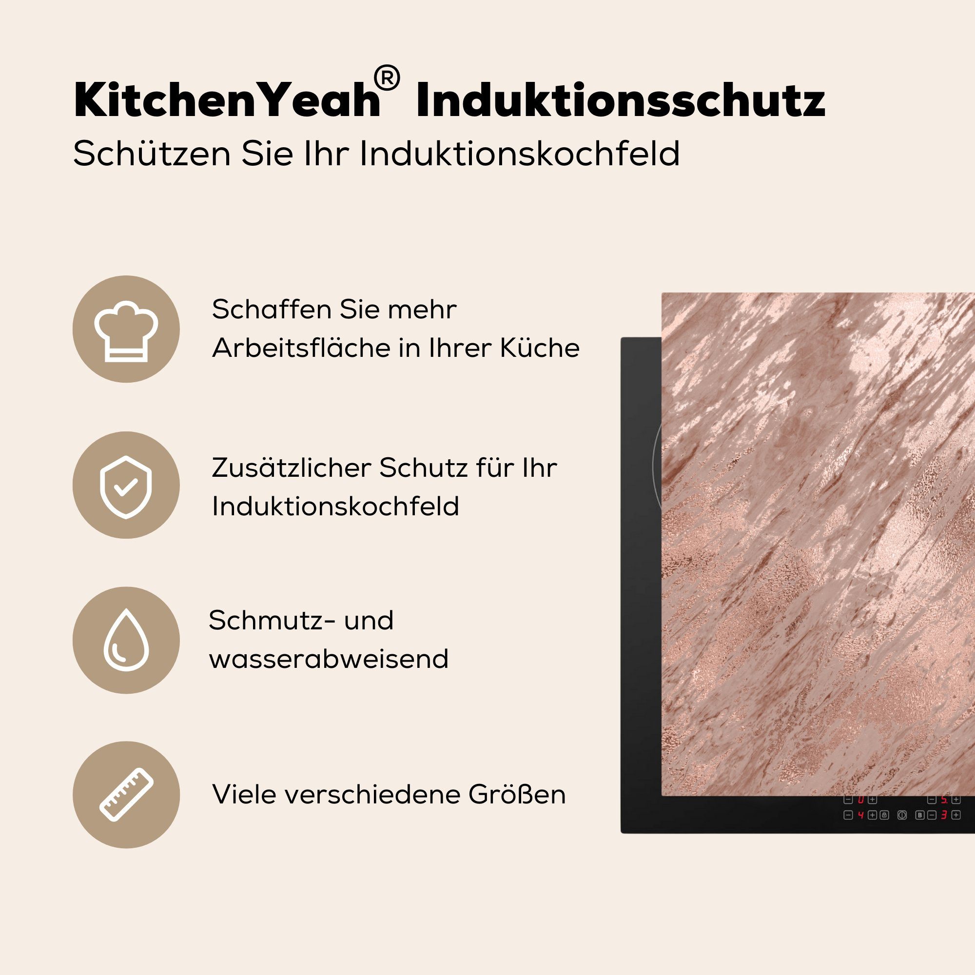 Vinyl, tlg), MuchoWow Herdblende-/Abdeckplatte für Marmor (1 cm, Gold, 78x78 Ceranfeldabdeckung, - küche Arbeitsplatte - Rosa