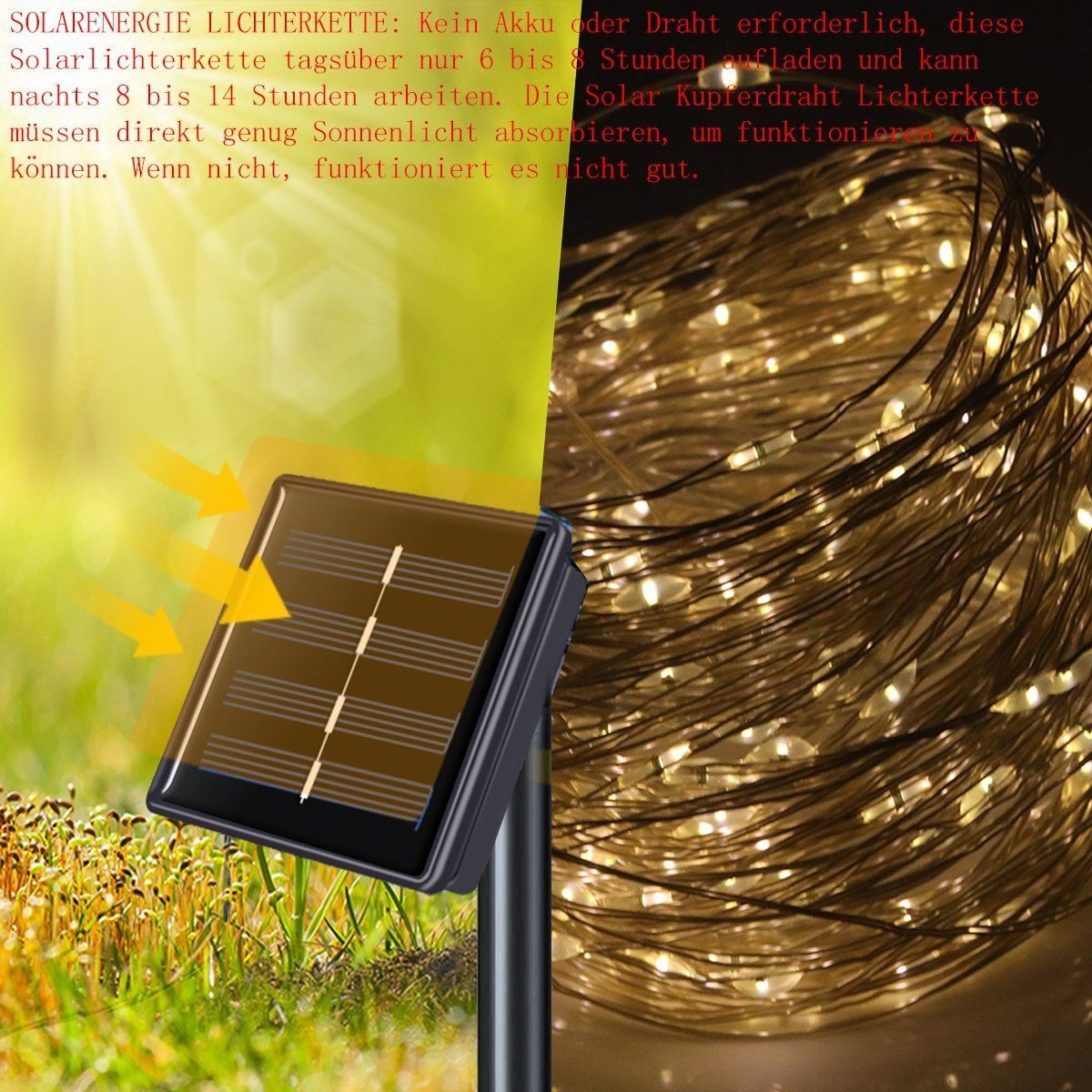 LETGOSPT LED Solarleuchte Kupferdraht Lichterkette, kaltweiß, Wasserdicht Außen Solar Warmweiß-20m integriert, warmweiß, LED Innen 100/200 Garten 200LED IP65 Dekor bunt, Mehrfarbig, Solar Party fest LEDs
