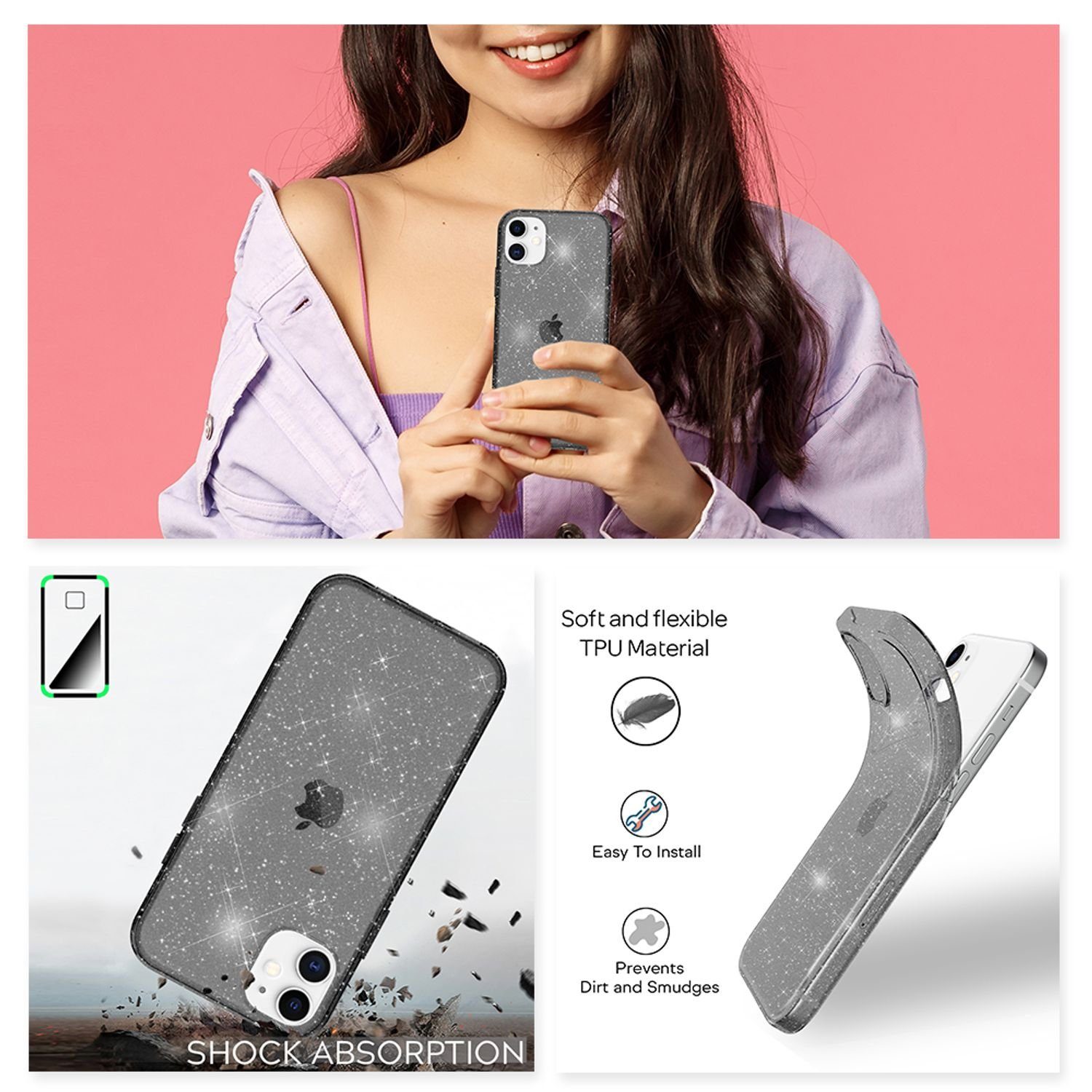 Nalia Smartphone-Hülle Apple iPhone 12 Mini 13,7 cm (5,4 Zoll), Klare Glitzer Hülle / Silikon Transparent / Glitter Cover / Bling Case