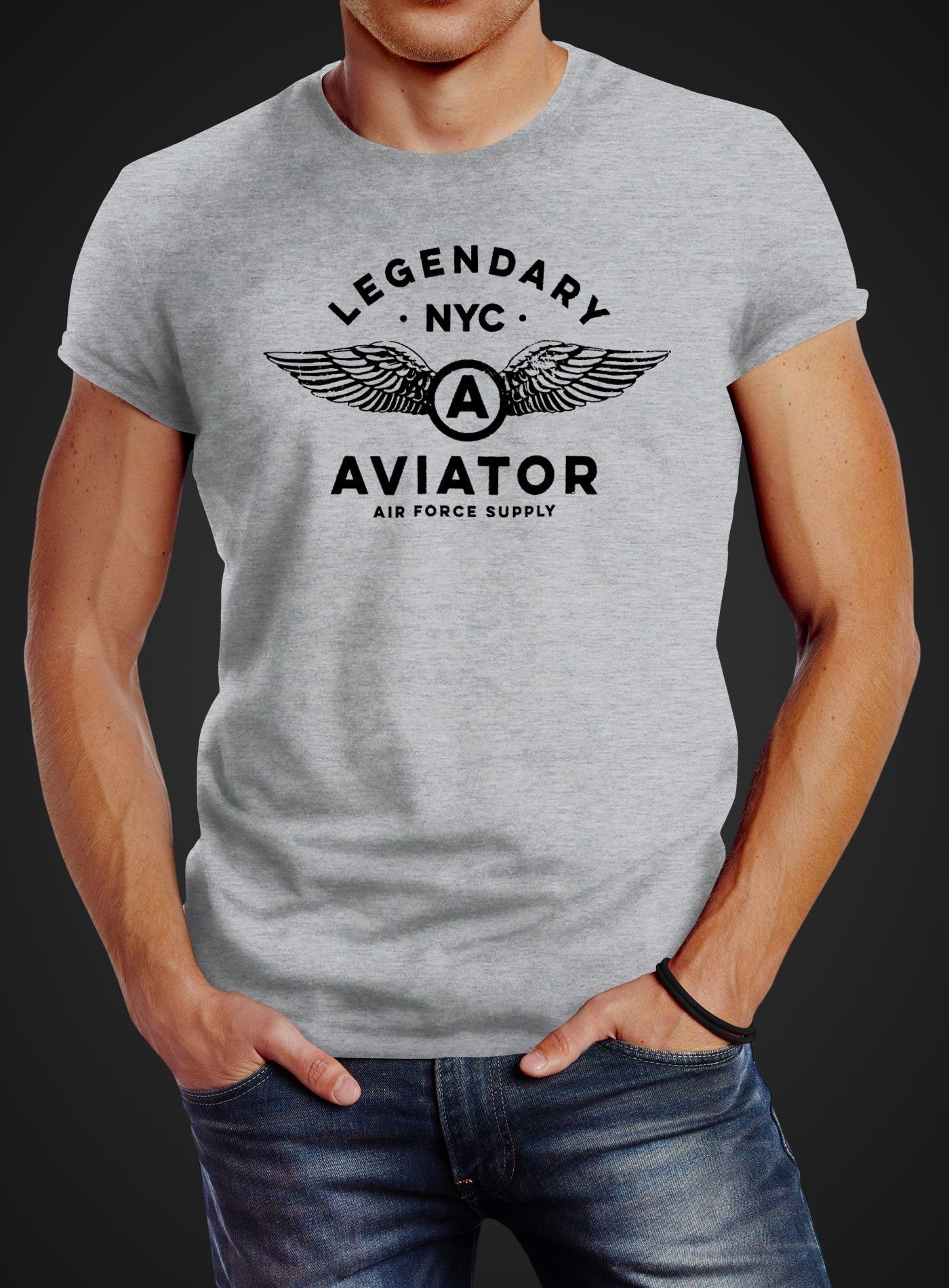 Neverless Print-Shirt Aviator grau Neverless® Legendary Flügel mit Streetstyle Air T-Shirt Fashion Luftwaffe Force NYC Herren Print