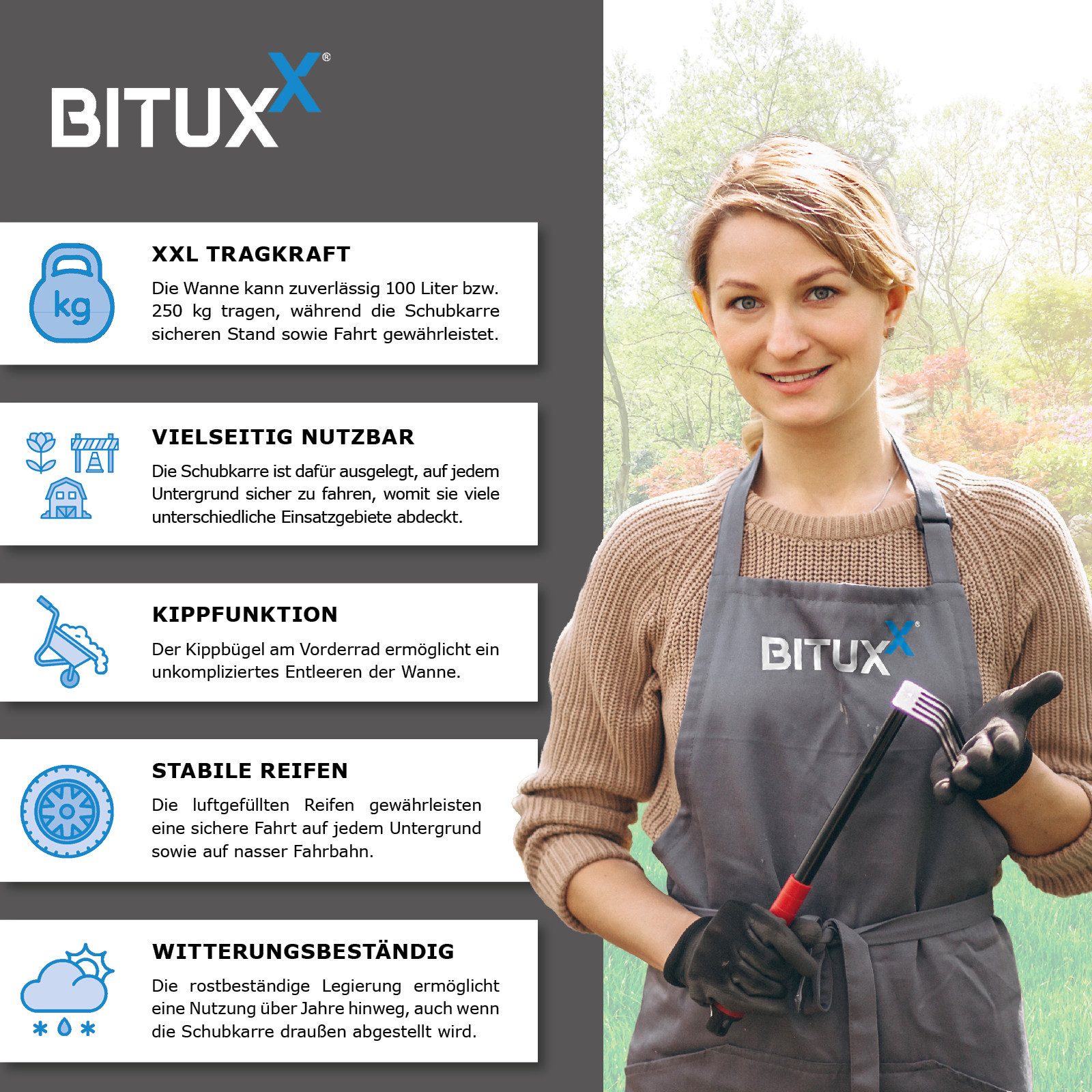 Bituxx Schubkarre 100 Liter 250Kg Dunkelgrün, (MS-16182) – Bild 4 von 5