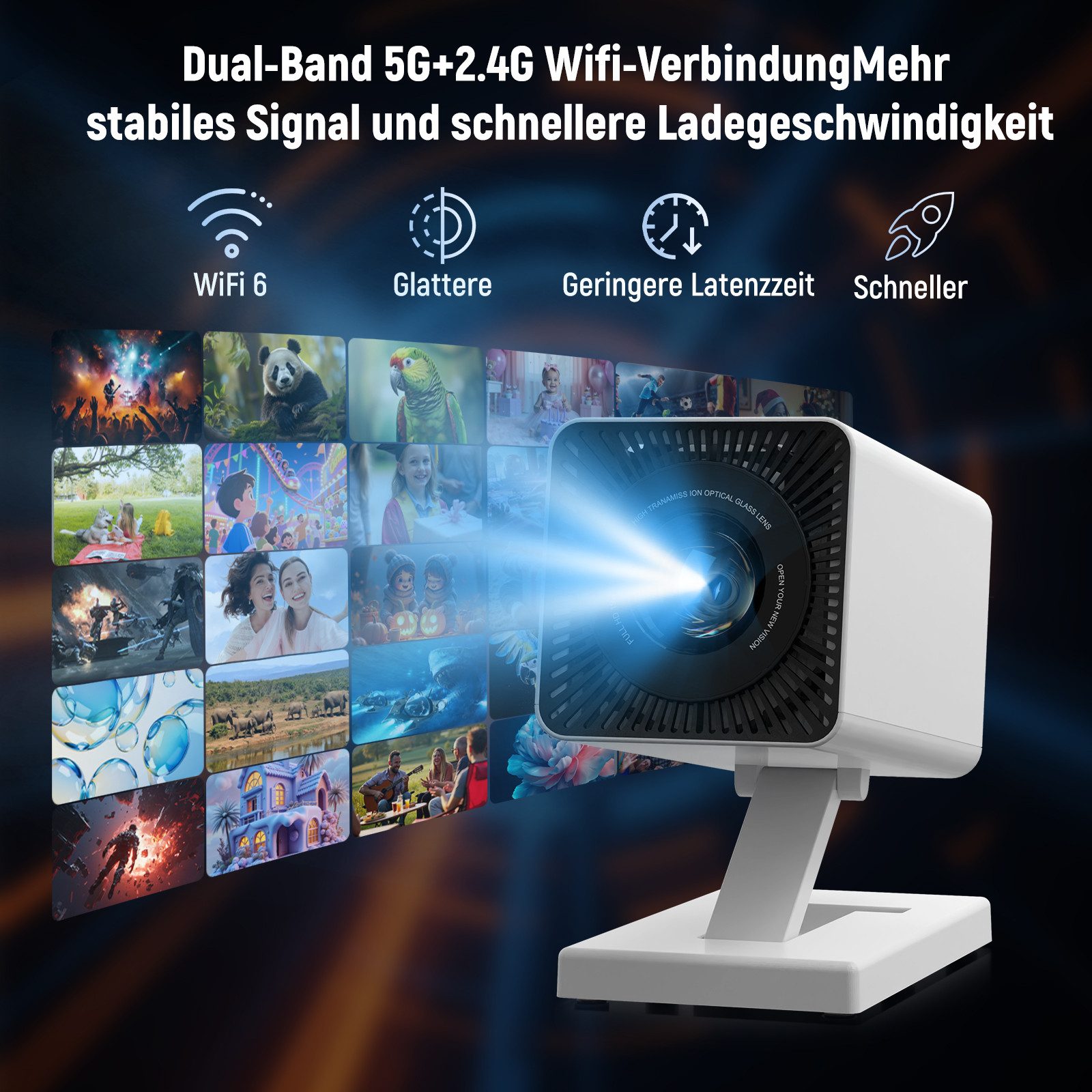 BUFO 130'' Beamer 4K für Telefon/PC/HDMI USB, BT 5 Auto Trapezkorrektur Portabler Projektor (150 lm, 1500:1, 1280 x 720 px, Android 11 Mini-Beamer 4K 1080p unte – Bild 4 von 5